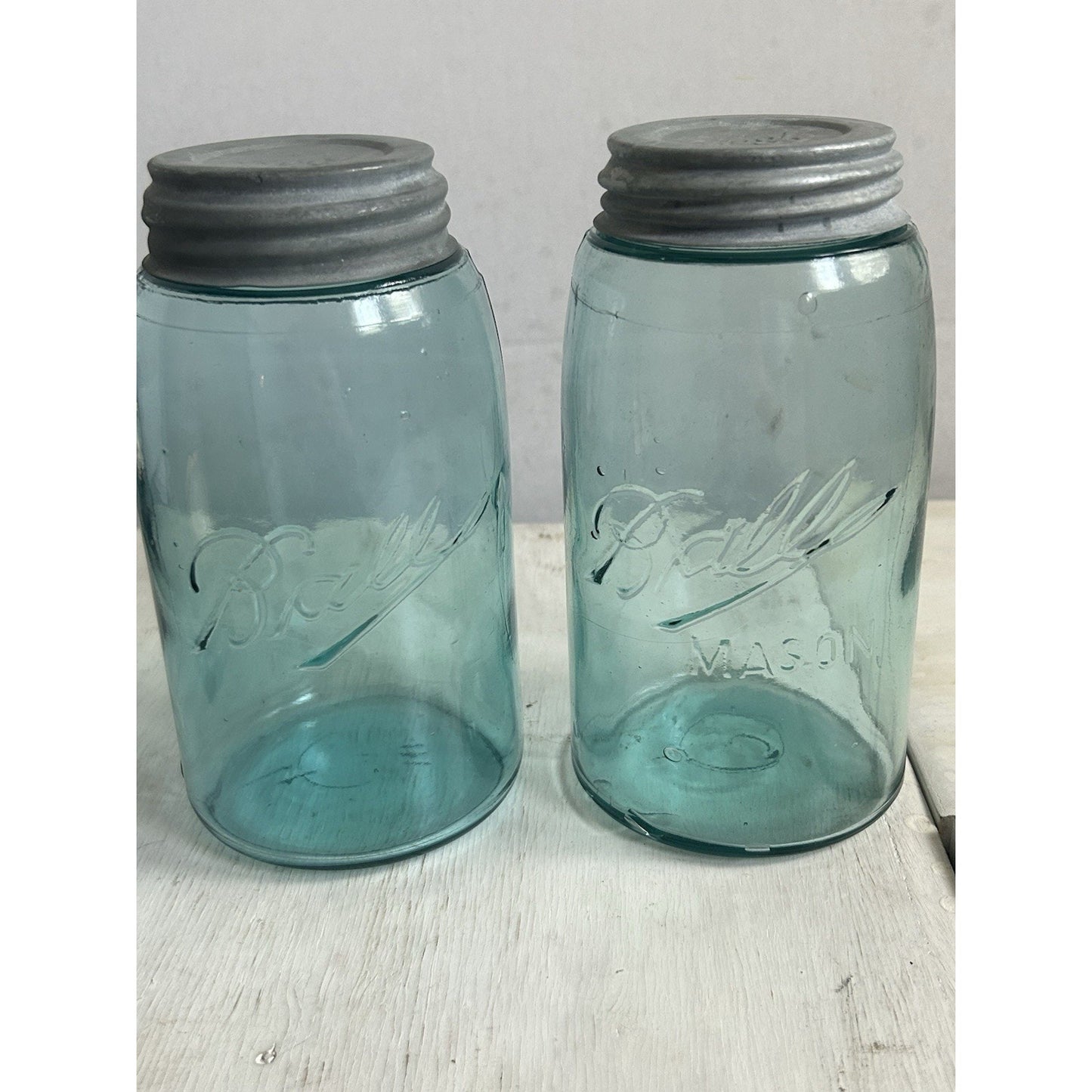 2 1920’s Vintage Ball Mason Jars – Triple L Logo – Quart – Aqua Blue – Zinc Lids