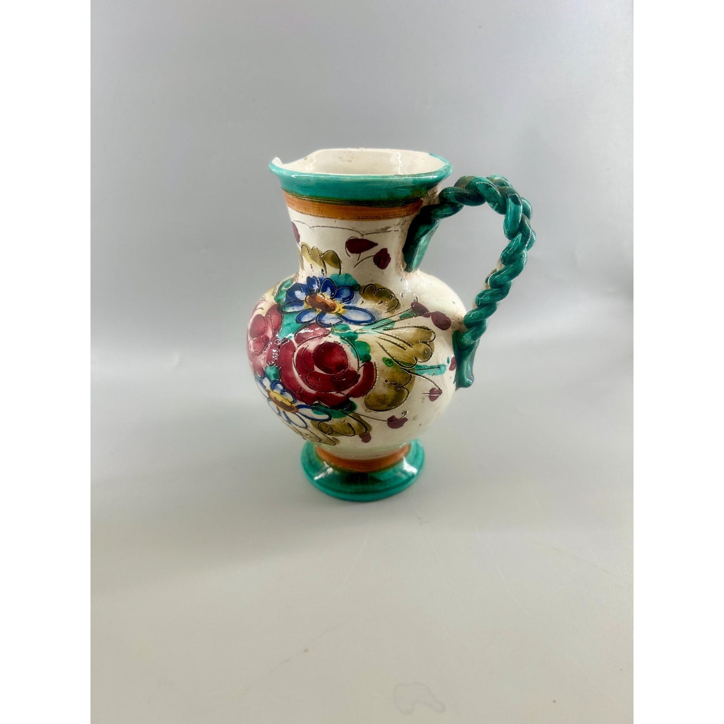 Vintage Hand Painted Spanish Talavera Style Faience Pitcher Twisted Handle Floral Pottery Jug