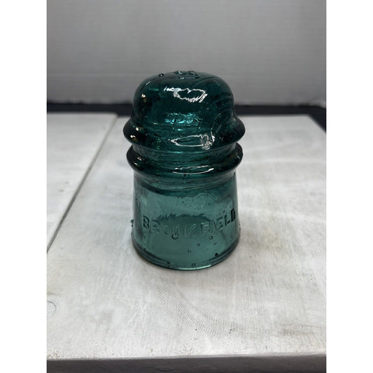 Antique GREEN BROOKFIELD Glass Insulator Embossed on the Top. Rare Gorgeous