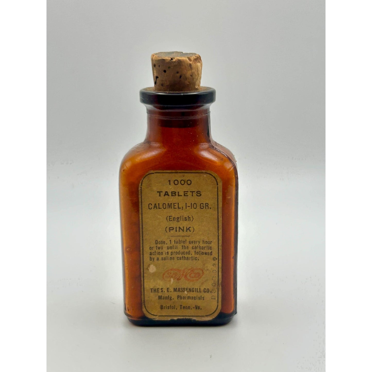 Antique Apothecary Calomel Tablets Bottle S.E. Massengill Bristol TN VA Pharmacy Amber Medicine Jar w Cork Seal 1000 Tablets Medical Quack
