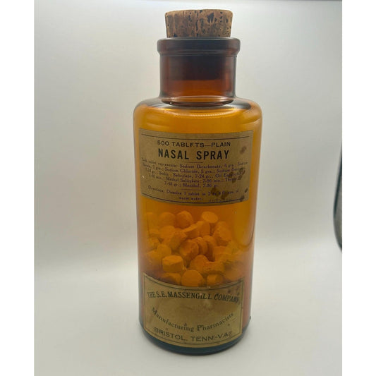 Antique Amber Apothecary Bottle Eli Lilly Pharmacy Medicine Bottle Calcium Sulphide Vintage Drugstore Glass. W original tablets and cork