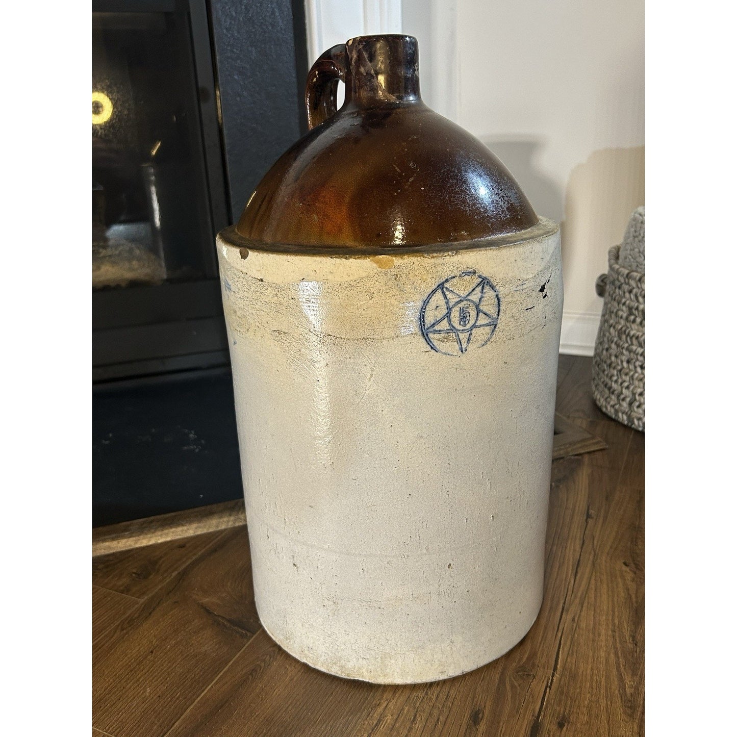 Antique 5-Gallon Blue Star Stoneware Crock Jug — Cobalt Blue Decoration — Primitive American Folk Pottery