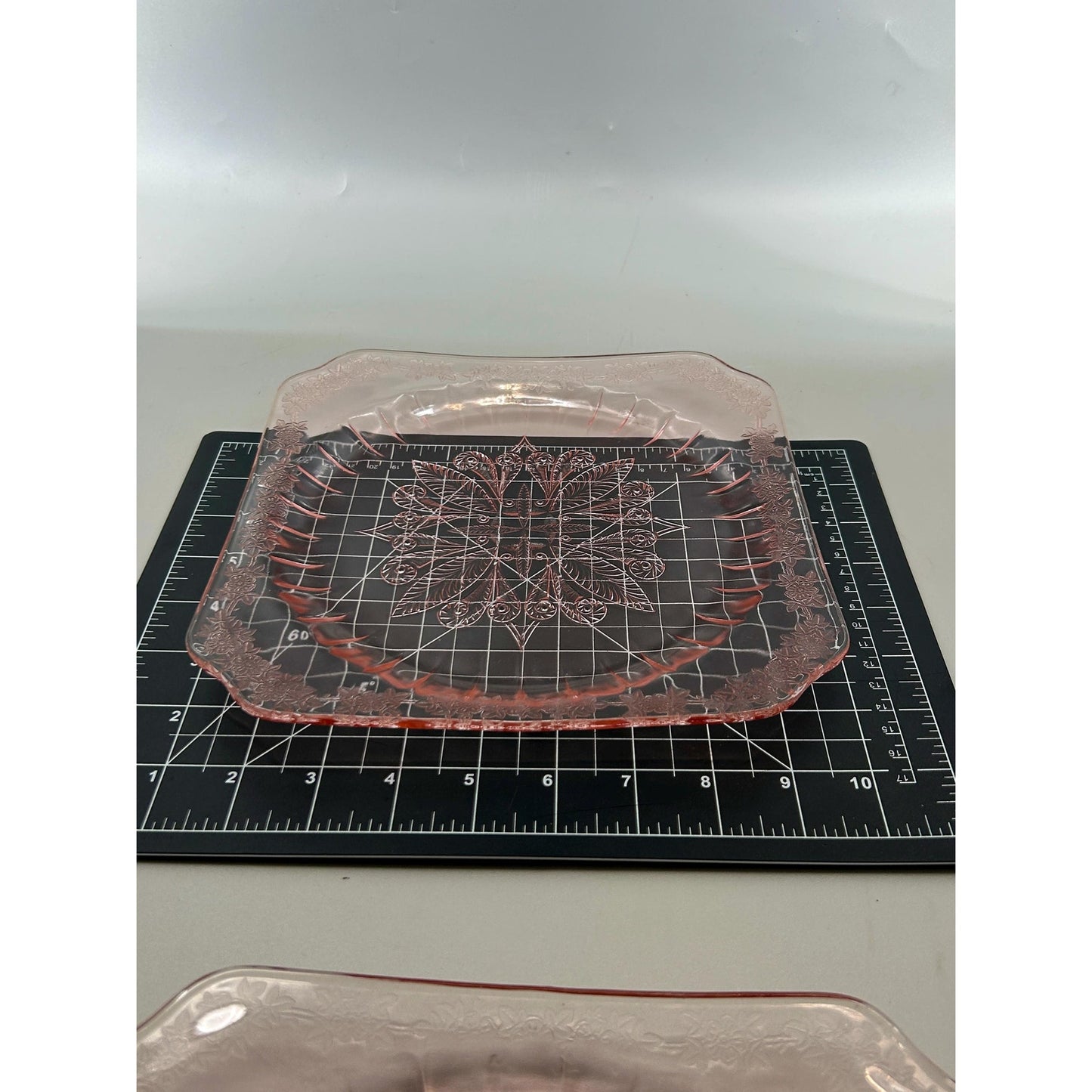 Vintage Pink Depression Glass Plates Set of 2 Etched Floral Square Luncheon Salad Plates Art Deco Glassware