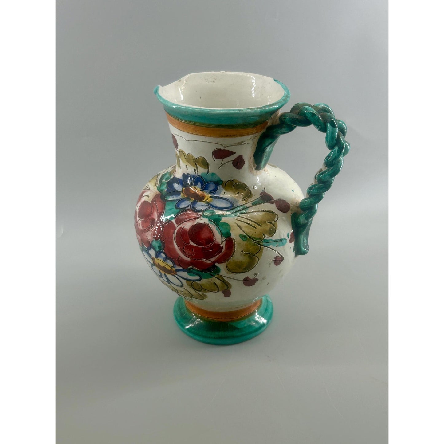 Vintage Hand Painted Spanish Talavera Style Faience Pitcher Twisted Handle Floral Pottery Jug
