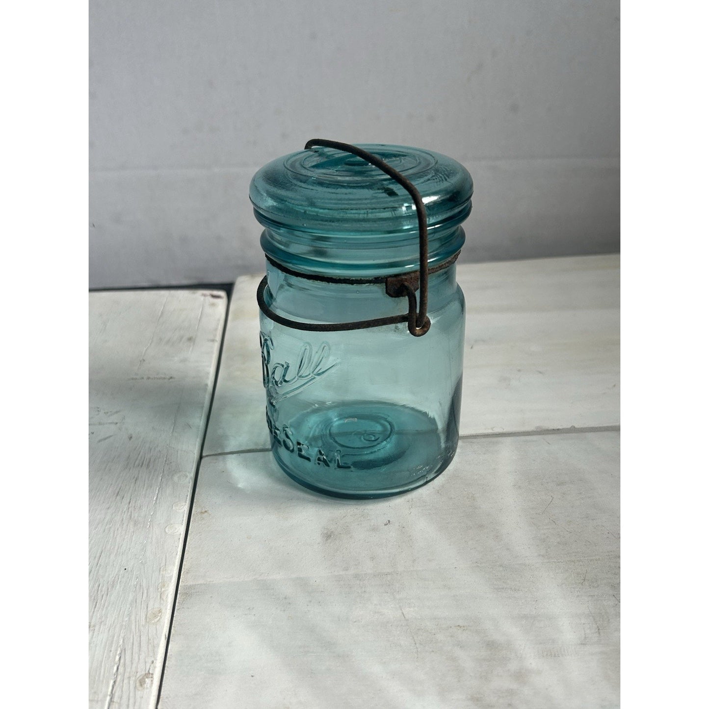 Vintage Ball Sure Seal Pint Mason Jar Blue Aqua Wire Bail w/ Lid – 1930s USA