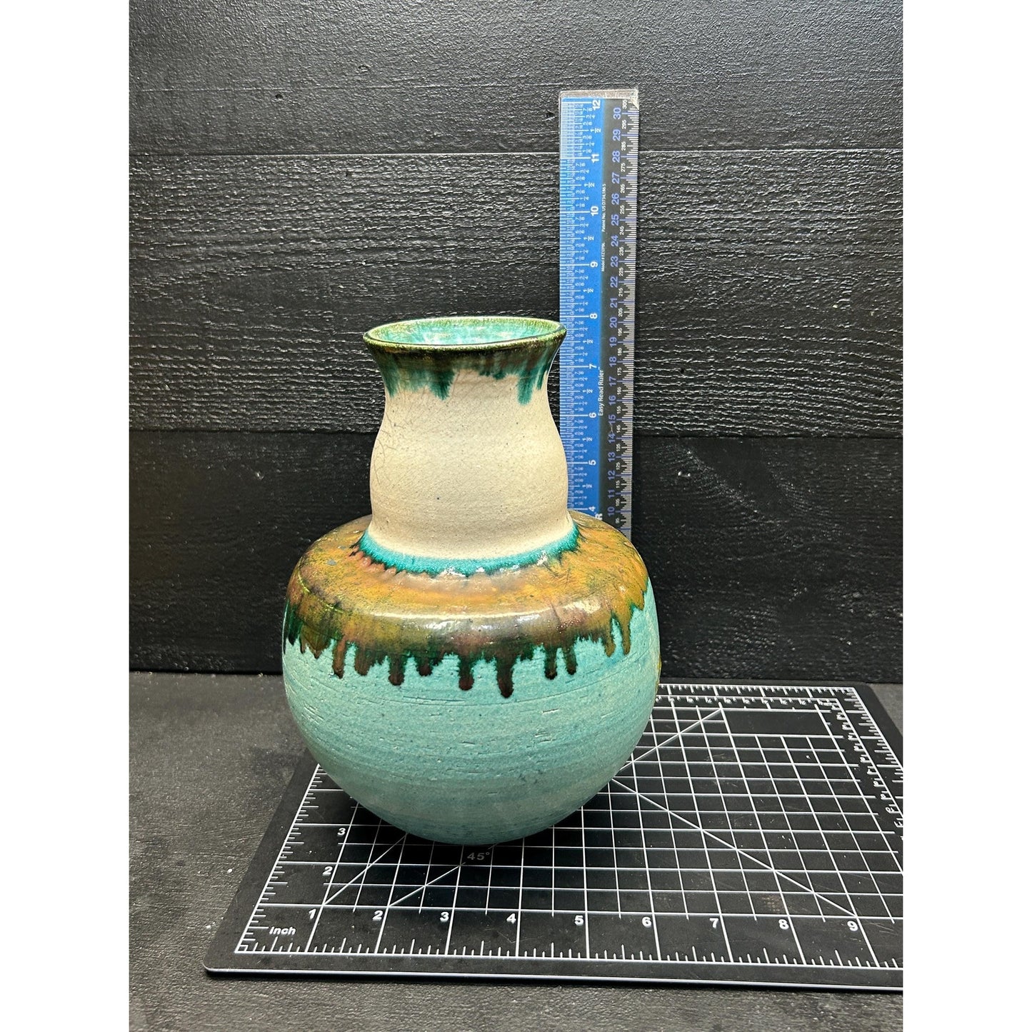 Ernest E. Mitchell Studio Pottery Vase 1994 • Signed Hand Thrown Ceramic • Turquoise Green Drip Glaze • Art Pottery Home Decor. Folk Art