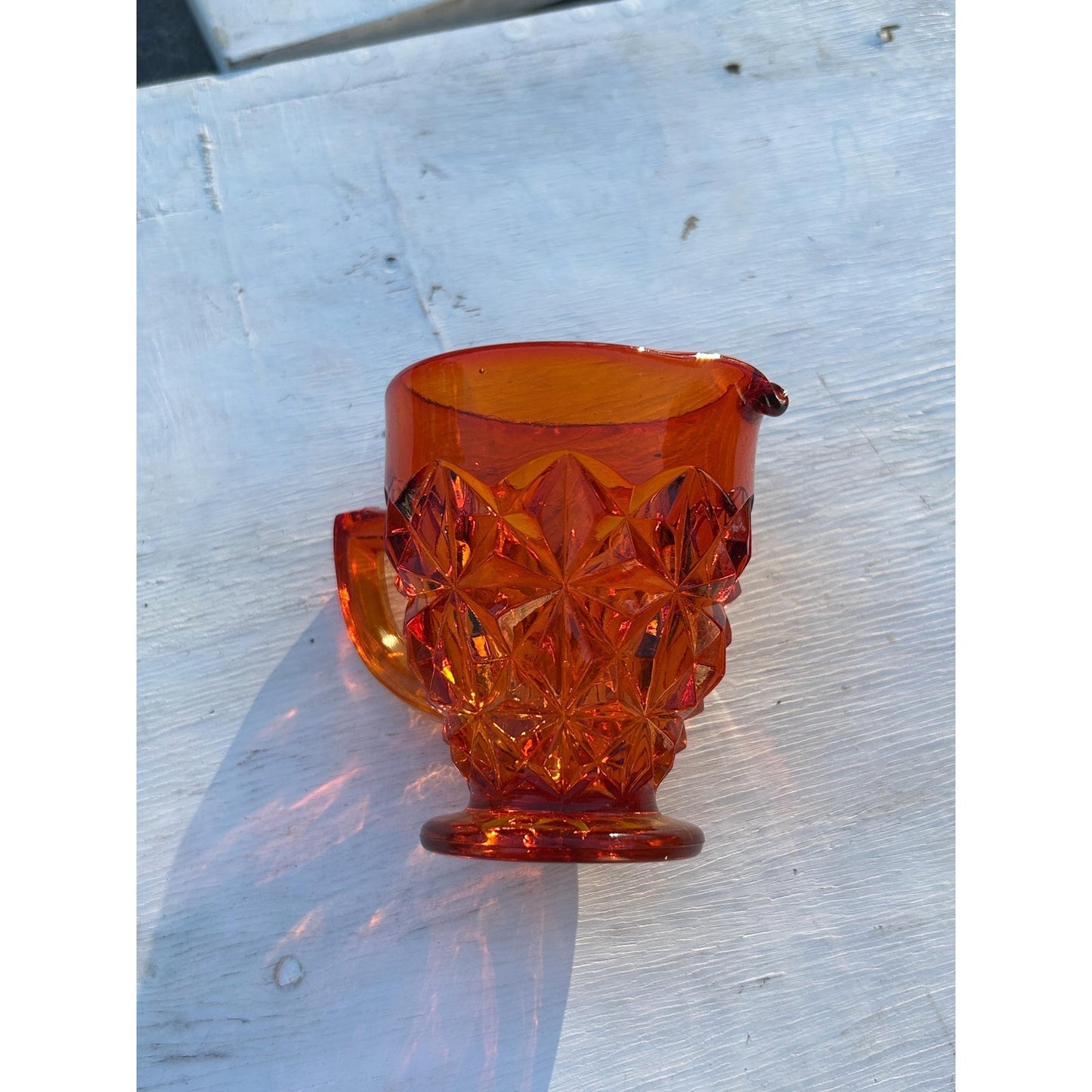 Selenium Diamond Point Glass Creamer | Glows Under UV | Vintage Red Orange Mini Pitcher | Mid Century Art Glass | Uranium Reactive. Amberina