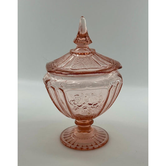 Vintage Pink Depression Glass Lidded Candy Dish Pedestal – Anchor Hocking Old Colony Lace Edge Compote – l Pink Glass Vanity Jar Cottagecore
