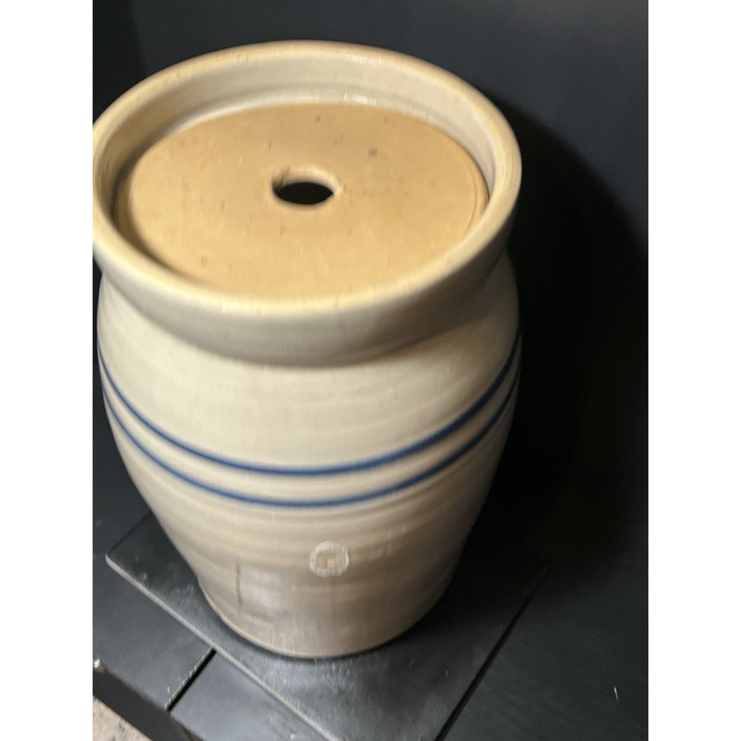 Marshall Pottery 5 Gallon Stoneware Crock w/ Lid Blue Stripe Texas Primitive