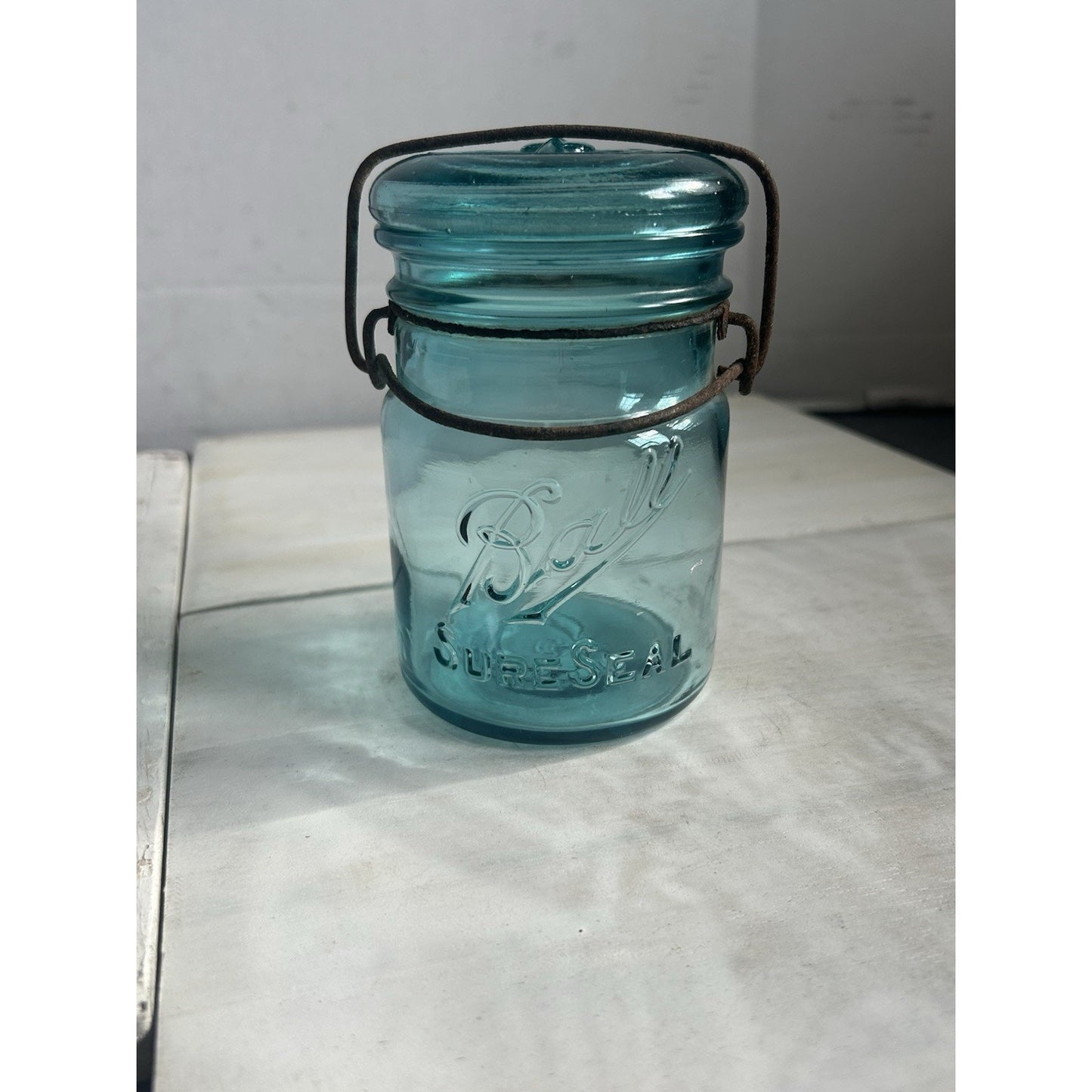 Vintage Ball Sure Seal Pint Mason Jar Blue Aqua Wire Bail w/ Lid – 1930s USA