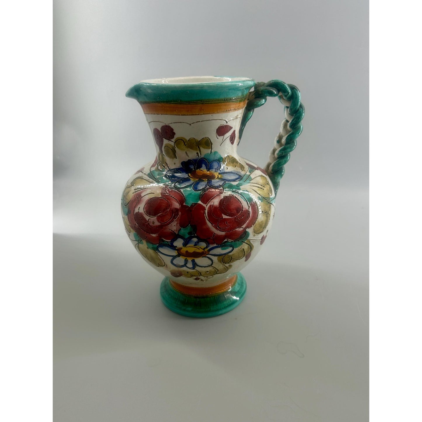 Vintage Hand Painted Spanish Talavera Style Faience Pitcher Twisted Handle Floral Pottery Jug