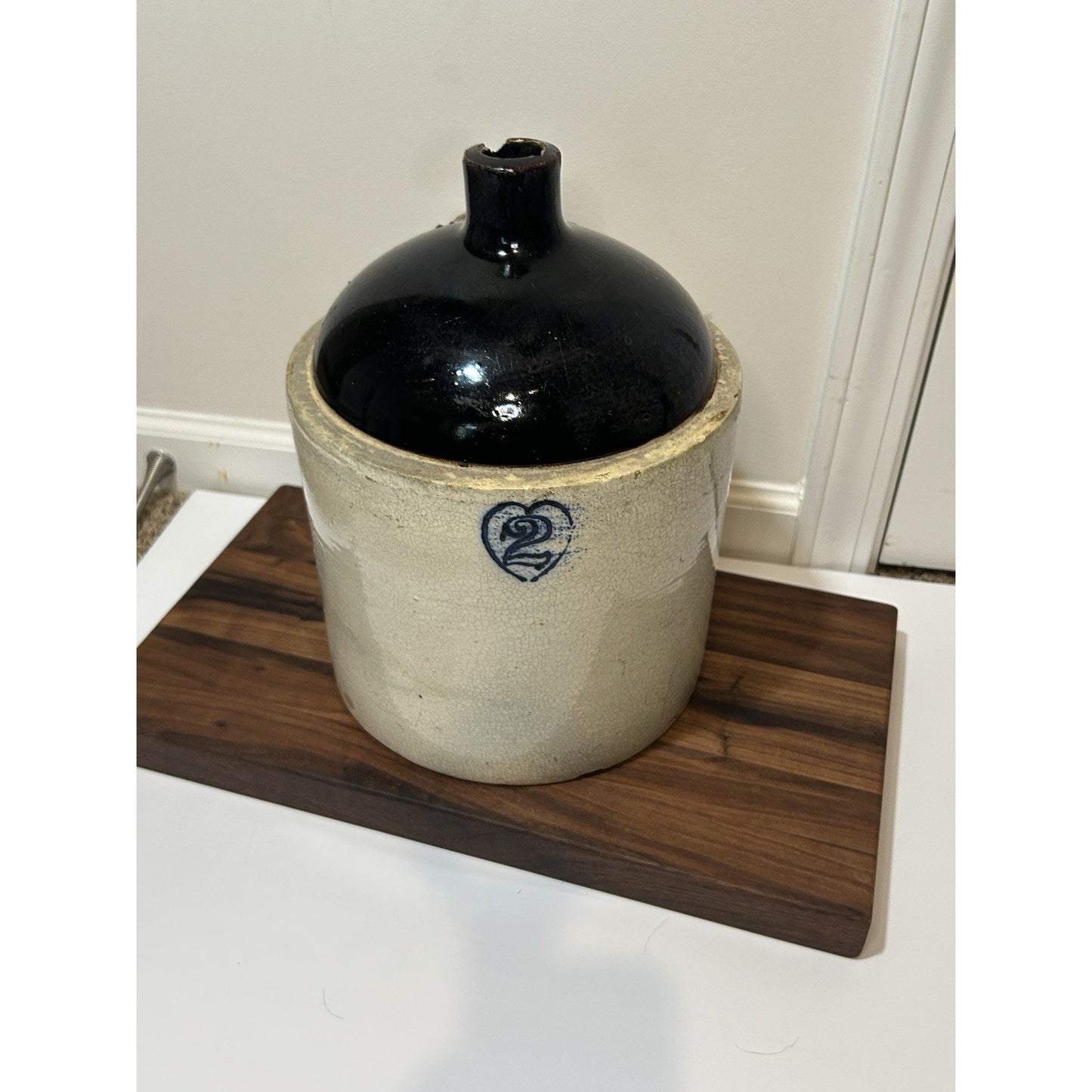 Antique Burley Winter 2 Gallon Stoneware Jug Cobalt Blue Heart Salt Glaze Crock