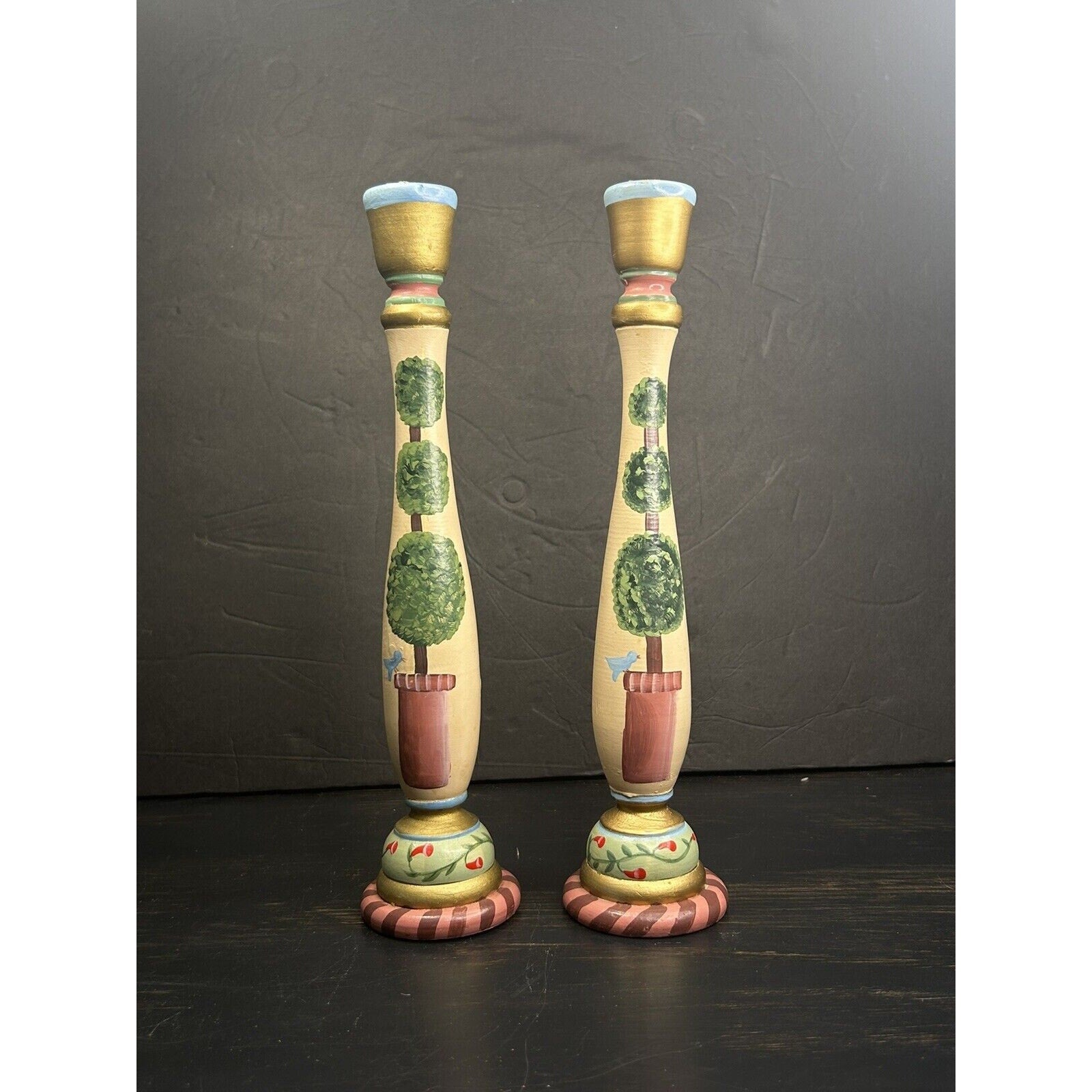 Folk art hand painted wooden candle holders flower bird side