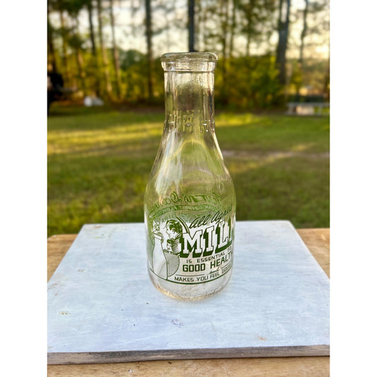 1944 Vintage Harms Dairy Oakhurst Farm Savannah GA Quart Milk Bottle Green ACL Family Graphic