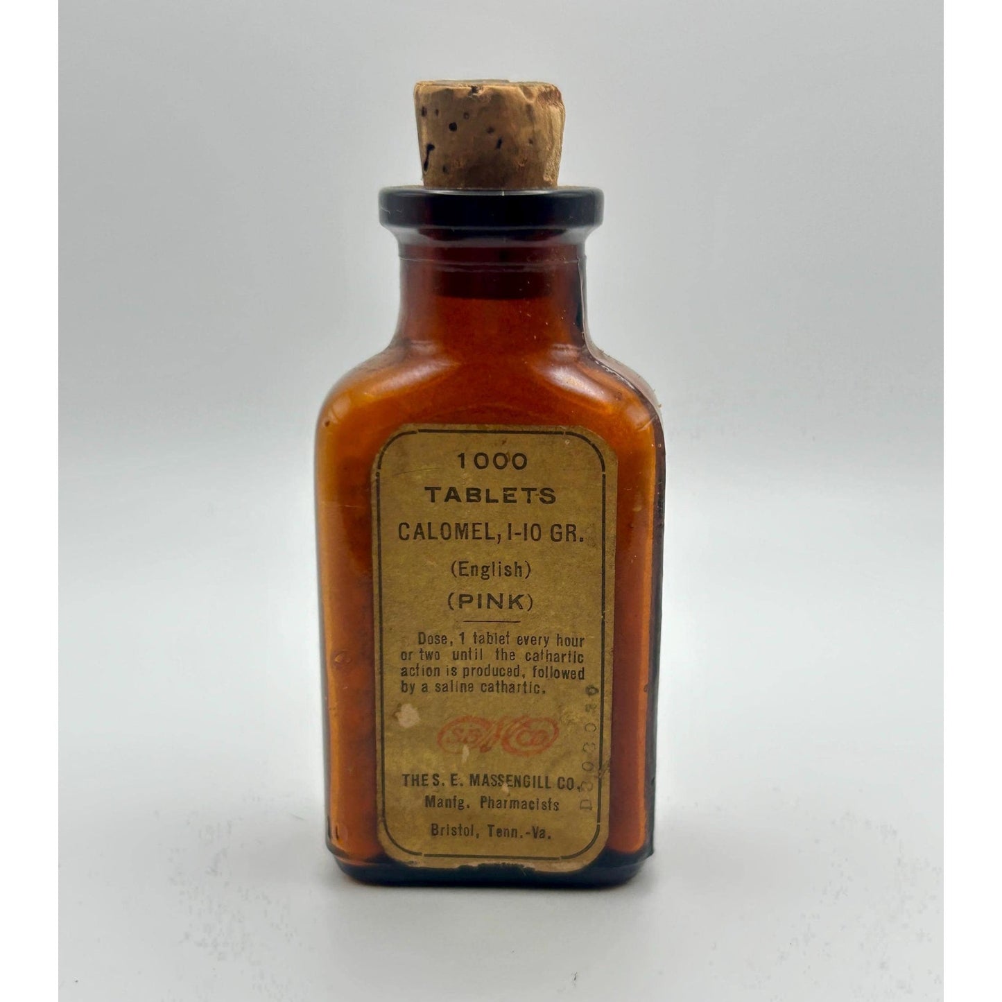 Antique Apothecary Calomel Tablets Bottle S.E. Massengill Bristol TN VA Pharmacy Amber Medicine Jar w Cork Seal 1000 Tablets Medical Quack
