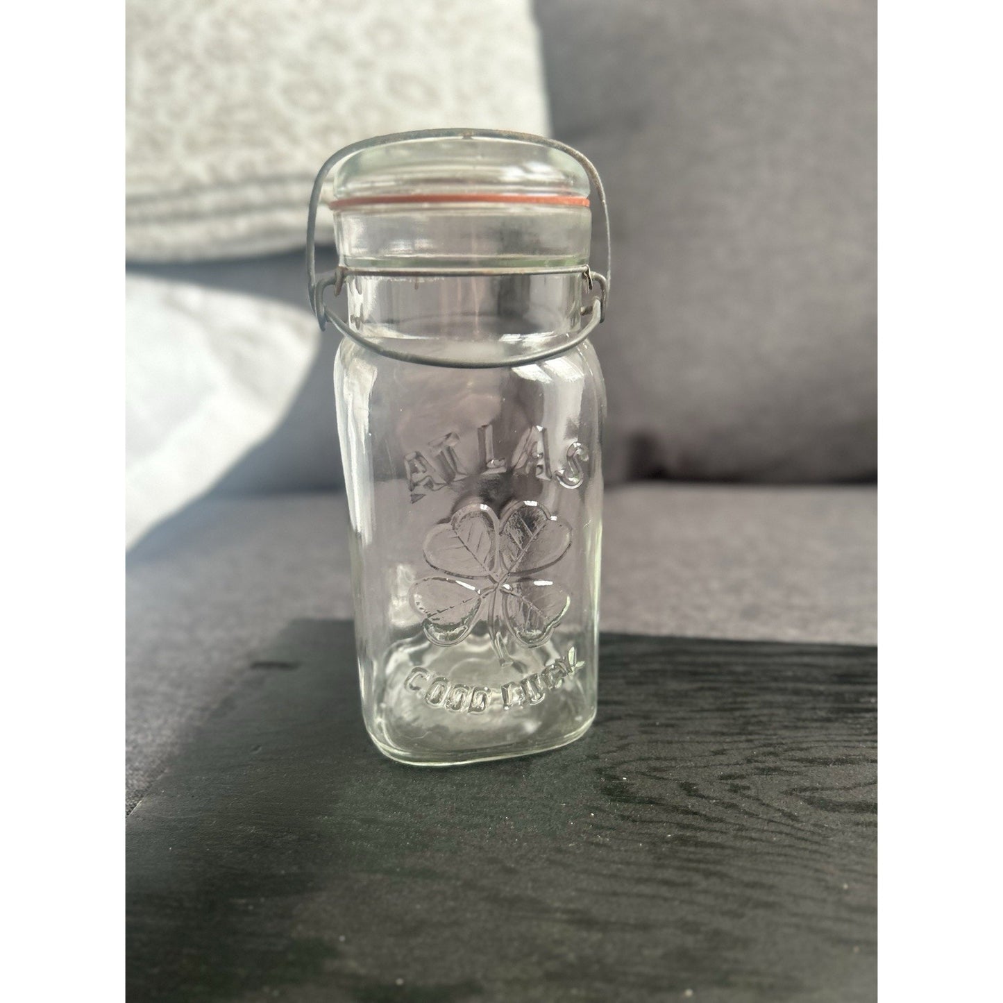 Vintage Atlas Good Luck Clover Mason Jar — ½-Gallon SQUARE Wire-Bail Form — Clear Glass with Original Lid & Gasket