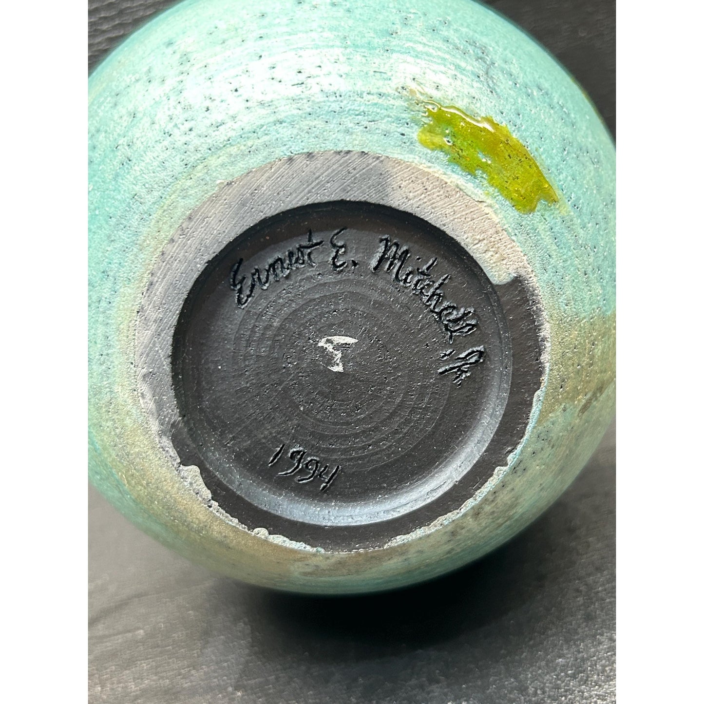 Ernest E. Mitchell Studio Pottery Vase 1994 • Signed Hand Thrown Ceramic • Turquoise Green Drip Glaze • Art Pottery Home Decor. Folk Art