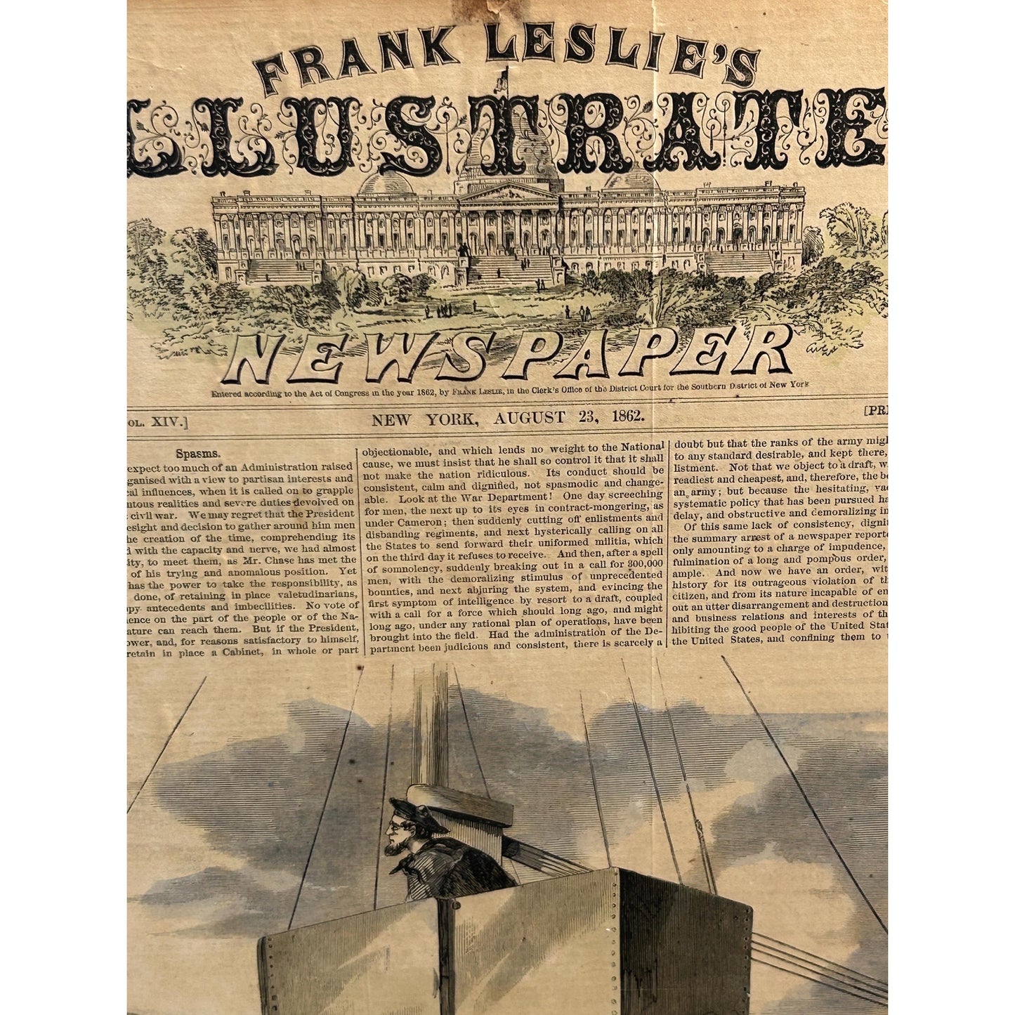 Antique Rare Civil War Newspaper 1862 Frank Leslie Illustrated Naval Masthead Lookout James River Union Warship Antique Print