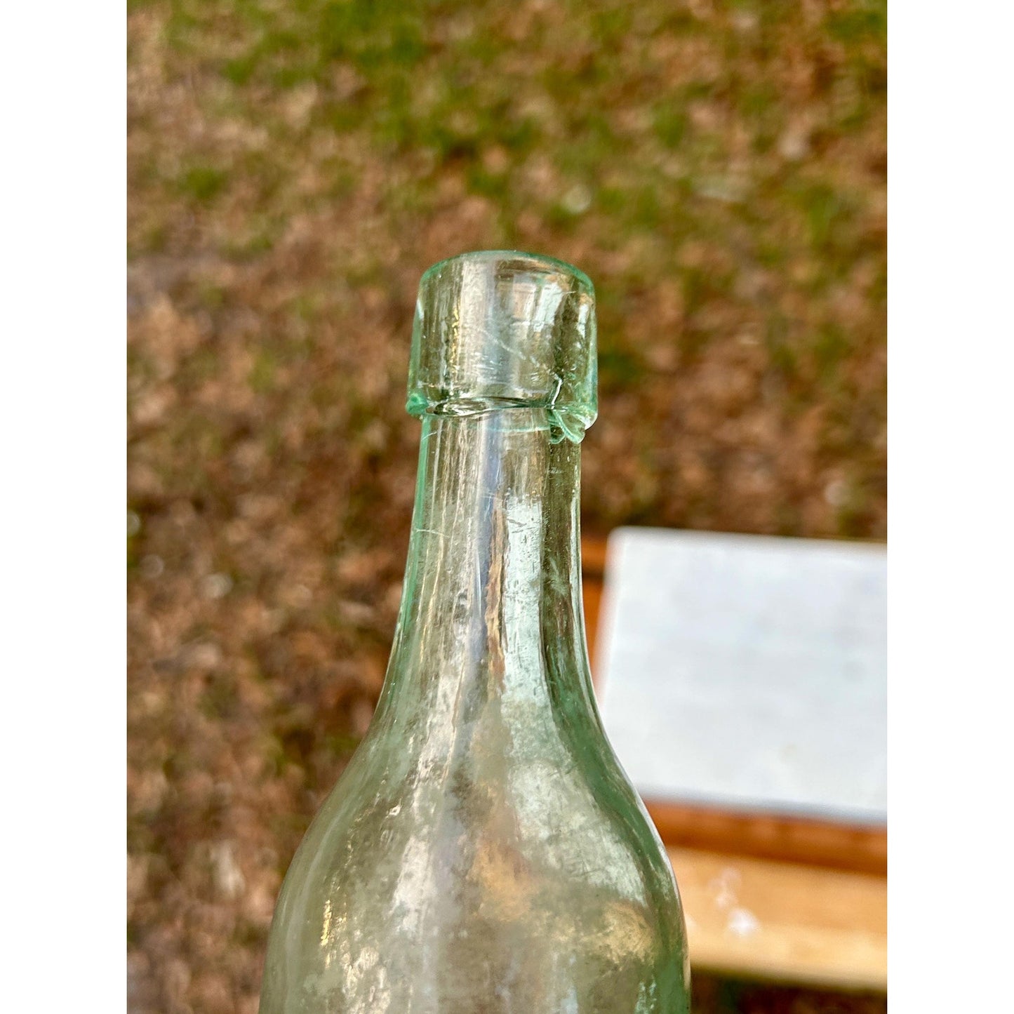 Antique Rare Aqua Whiskey Bottle c1870-1885 Applied Collar Hand Blown Whittle Glass Deep Push Up Base. Scarce find.