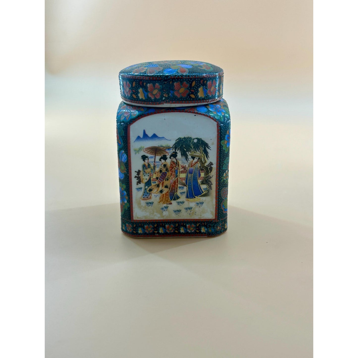Vintage Japanese Kutani Ginger Jar w/ Geisha Scene Floral Enamel Lidded