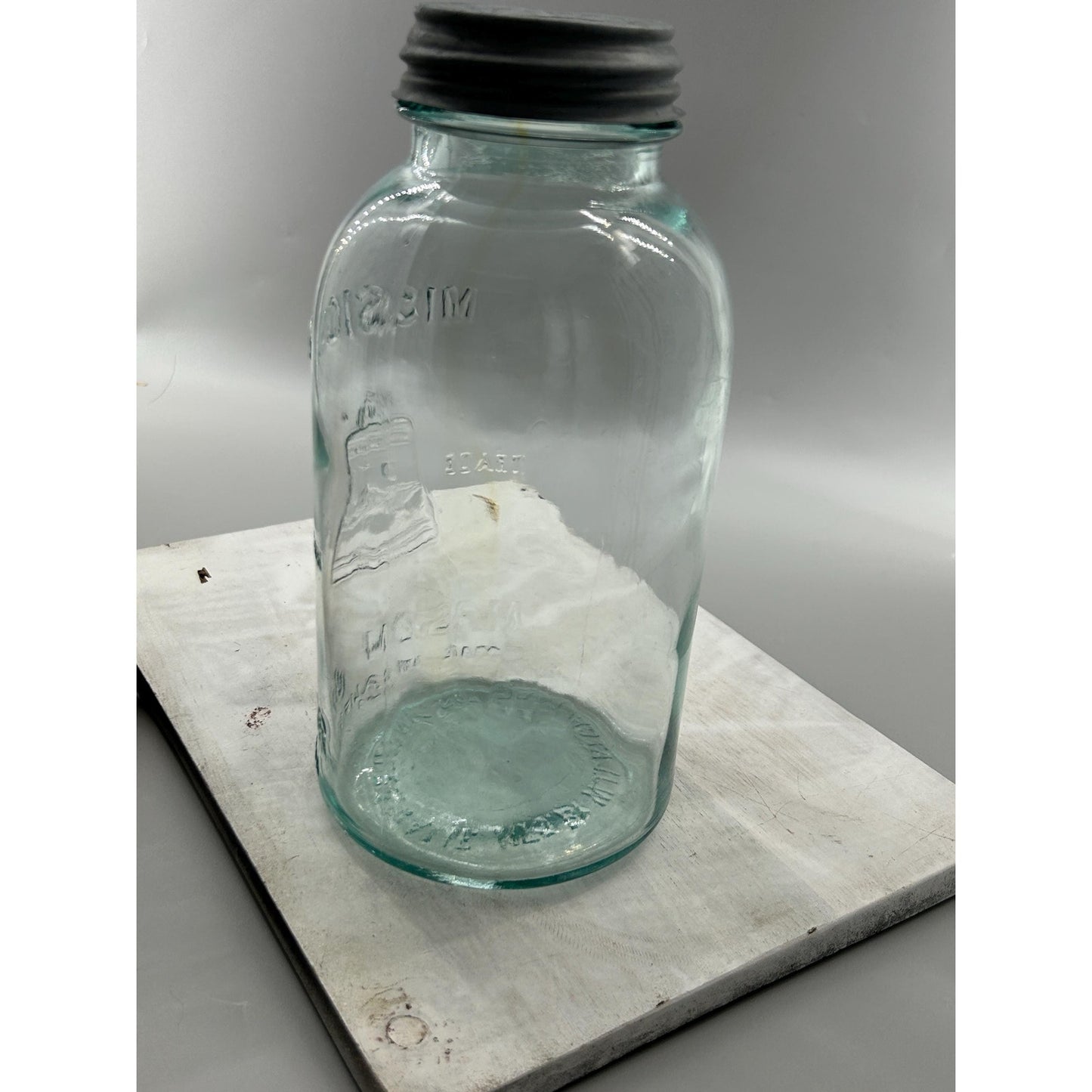 Mission Bell Mason Aqua Blue Glass Liberty Bell Trade Mark Scarce Hazel Atlas Half Gallon Zinc Lid