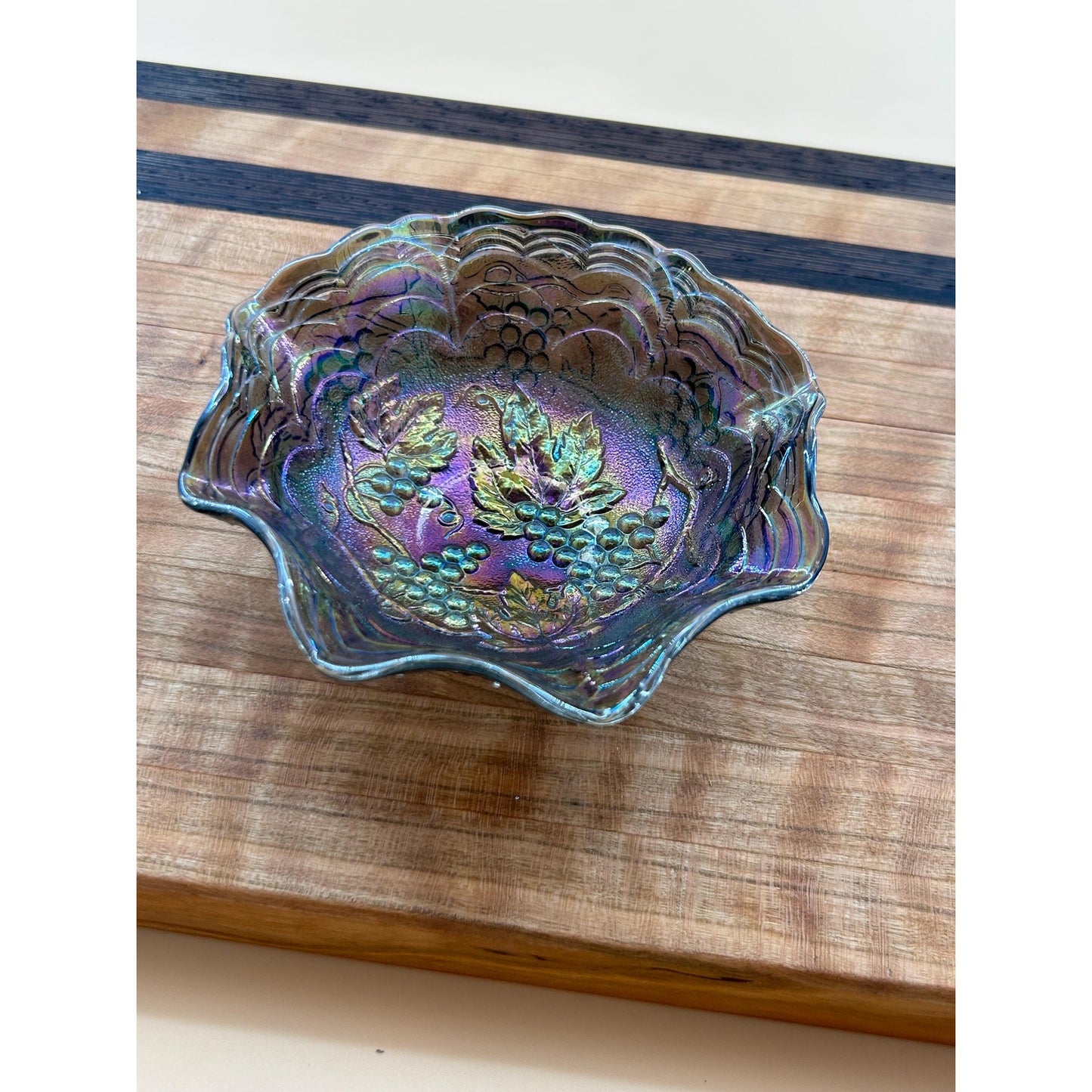 Antique Imperial Carnival Glass Grape & Cable Ruffled Bowl • Amethyst Iridescent Pressed Glass Berry Dish • Early 1900s Vintage Carnival