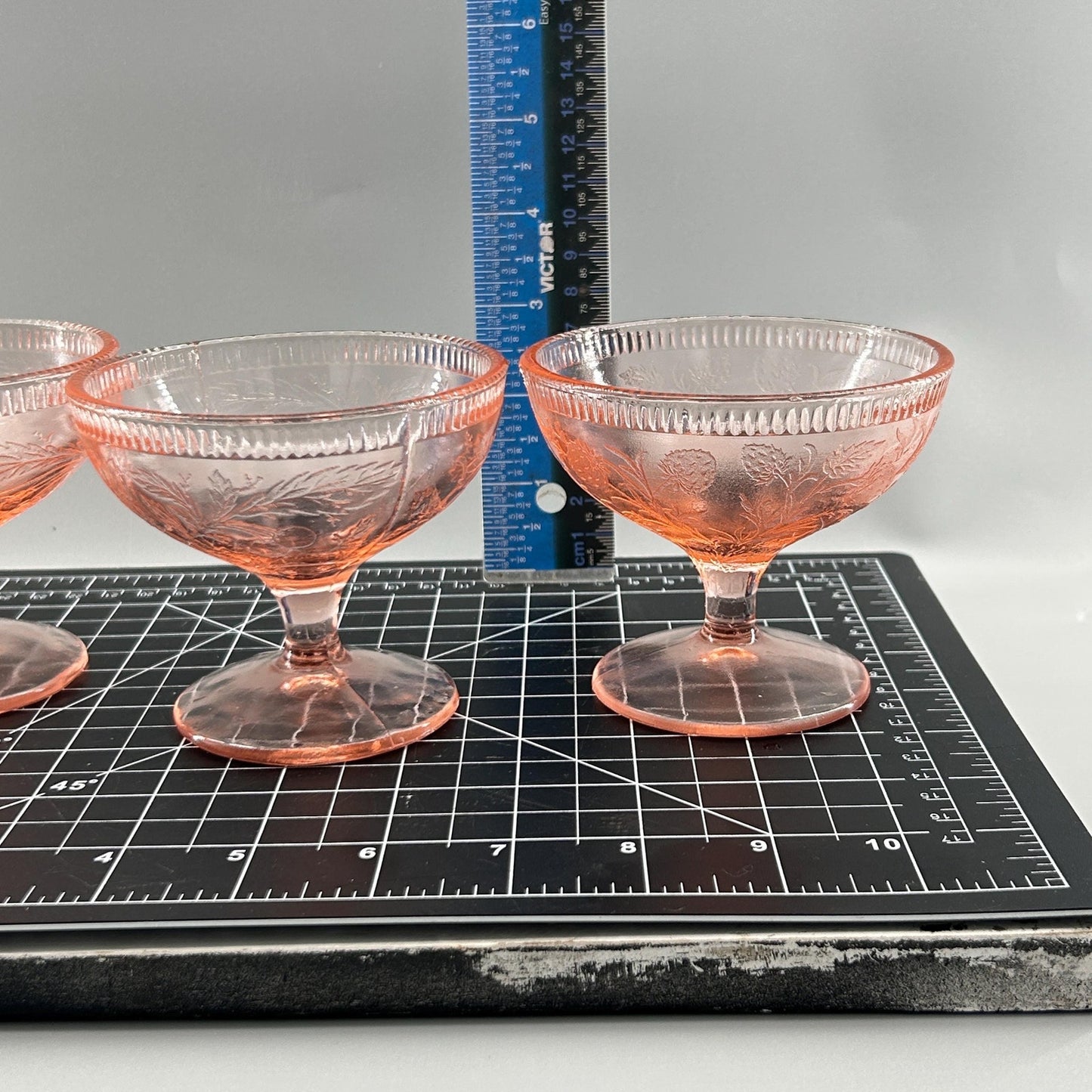 Pink Depression Glass Sherbet Dessert Cups • Vintage 1930s Footed Bowls • Set of 3 • Etched Floral Stemware • Cottage Farmhouse Tableware