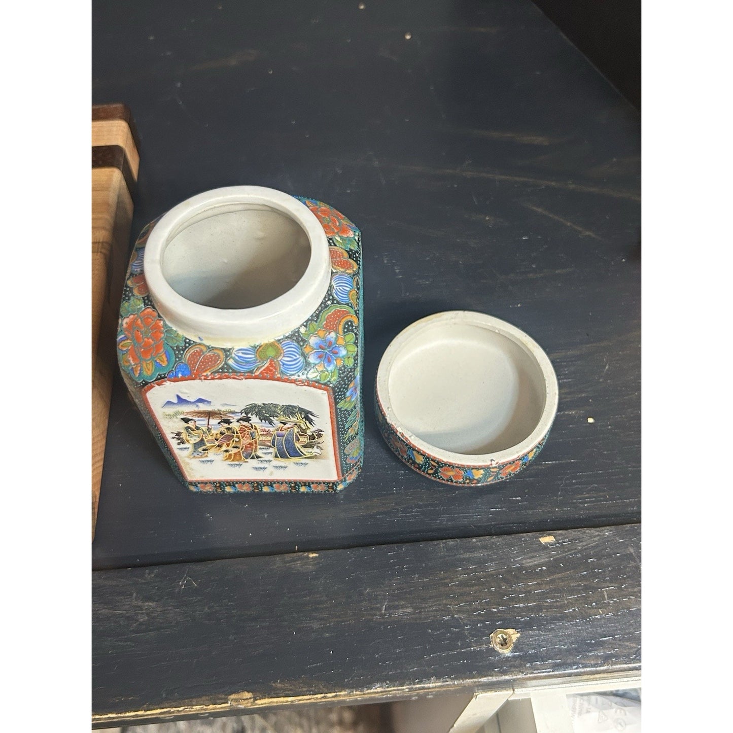 Antique Canton enamel tea caddy box open interior view