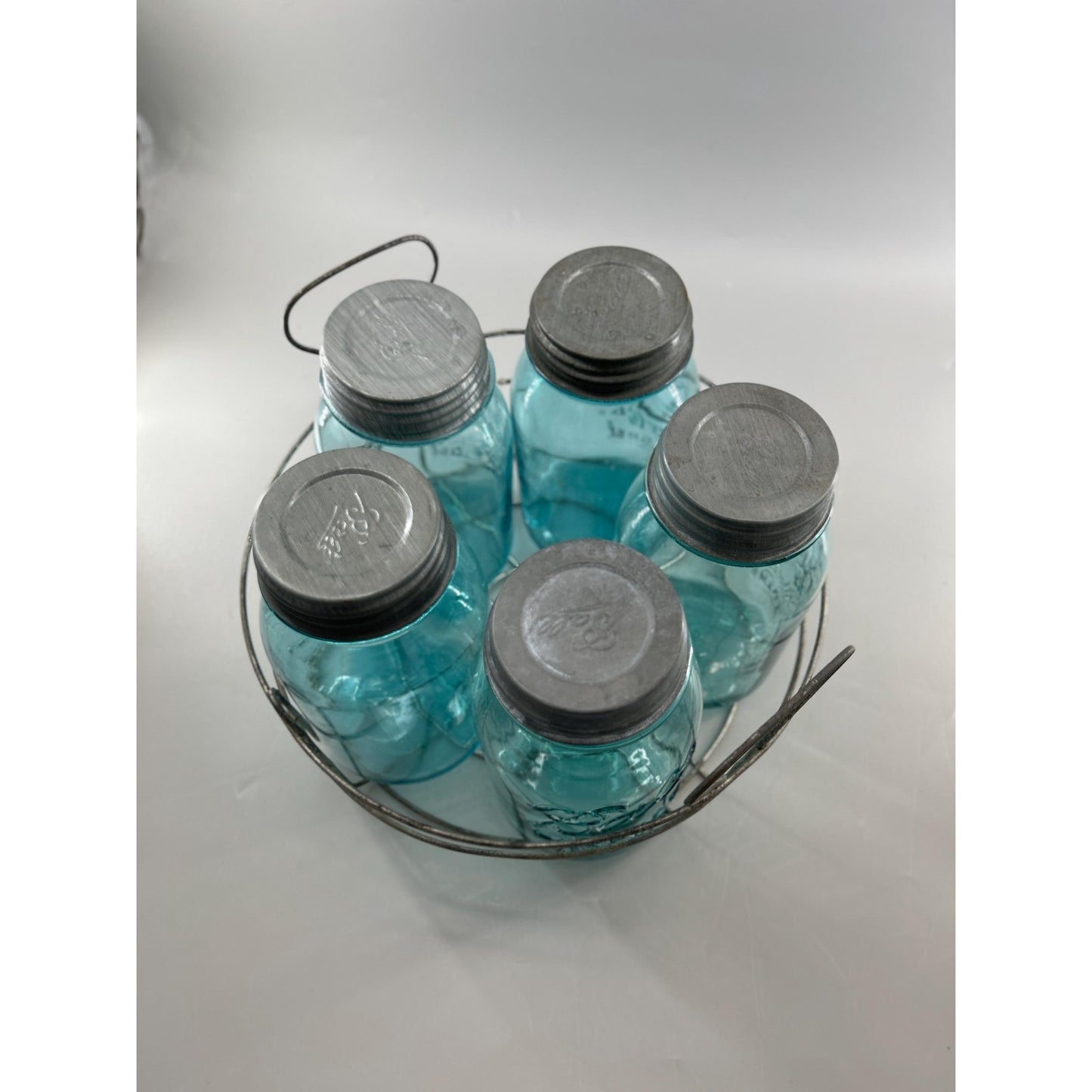 Vintage Ball Perfect Mason Jar Set Aqua Blue w Wire Carrier Zinc Lids 5pc