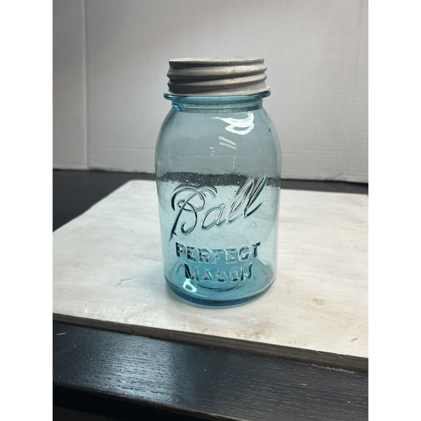 Antique Ball blue mason quart deep embossed display