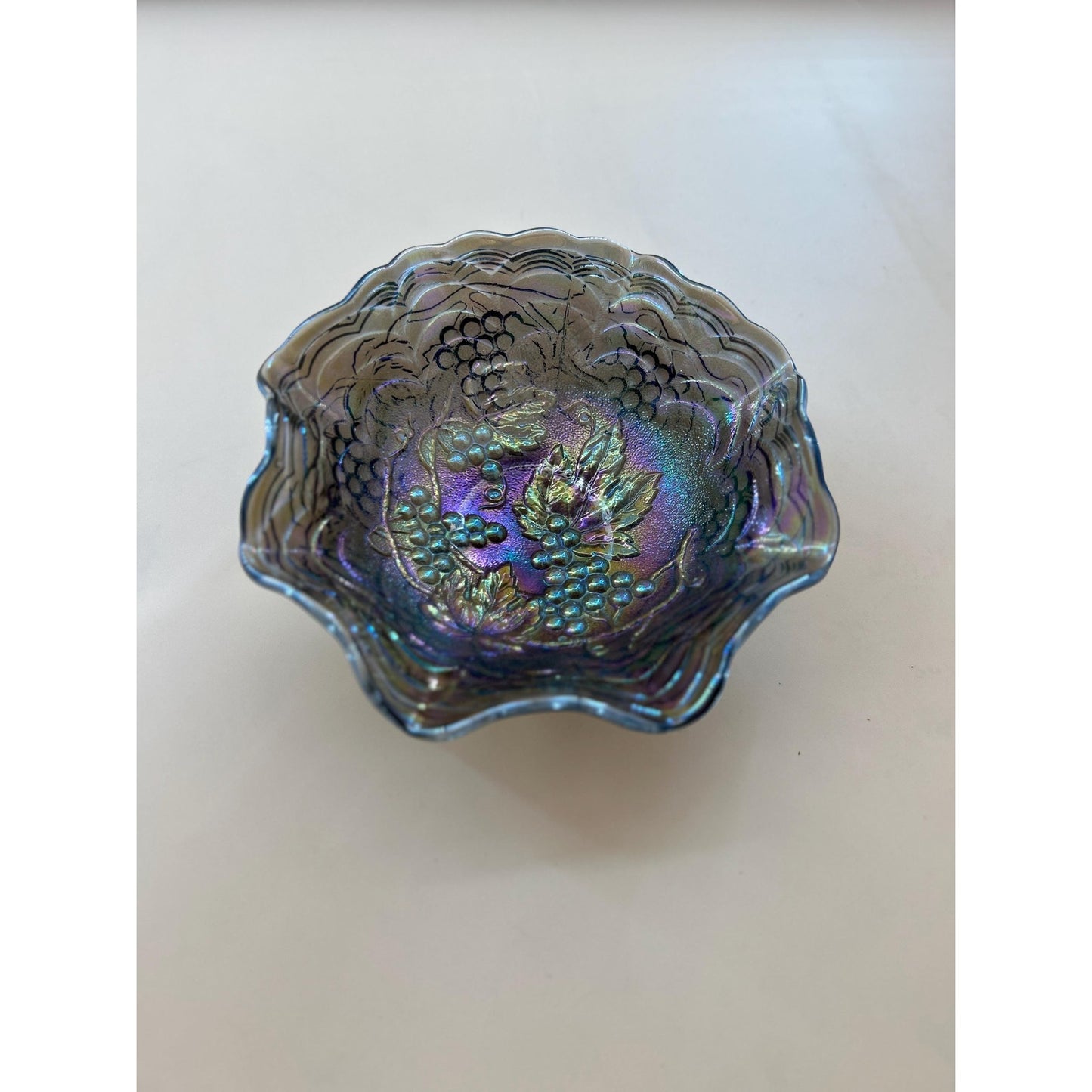 Antique Imperial Carnival Glass Grape & Cable Ruffled Bowl • Amethyst Iridescent Pressed Glass Berry Dish • Early 1900s Vintage Carnival