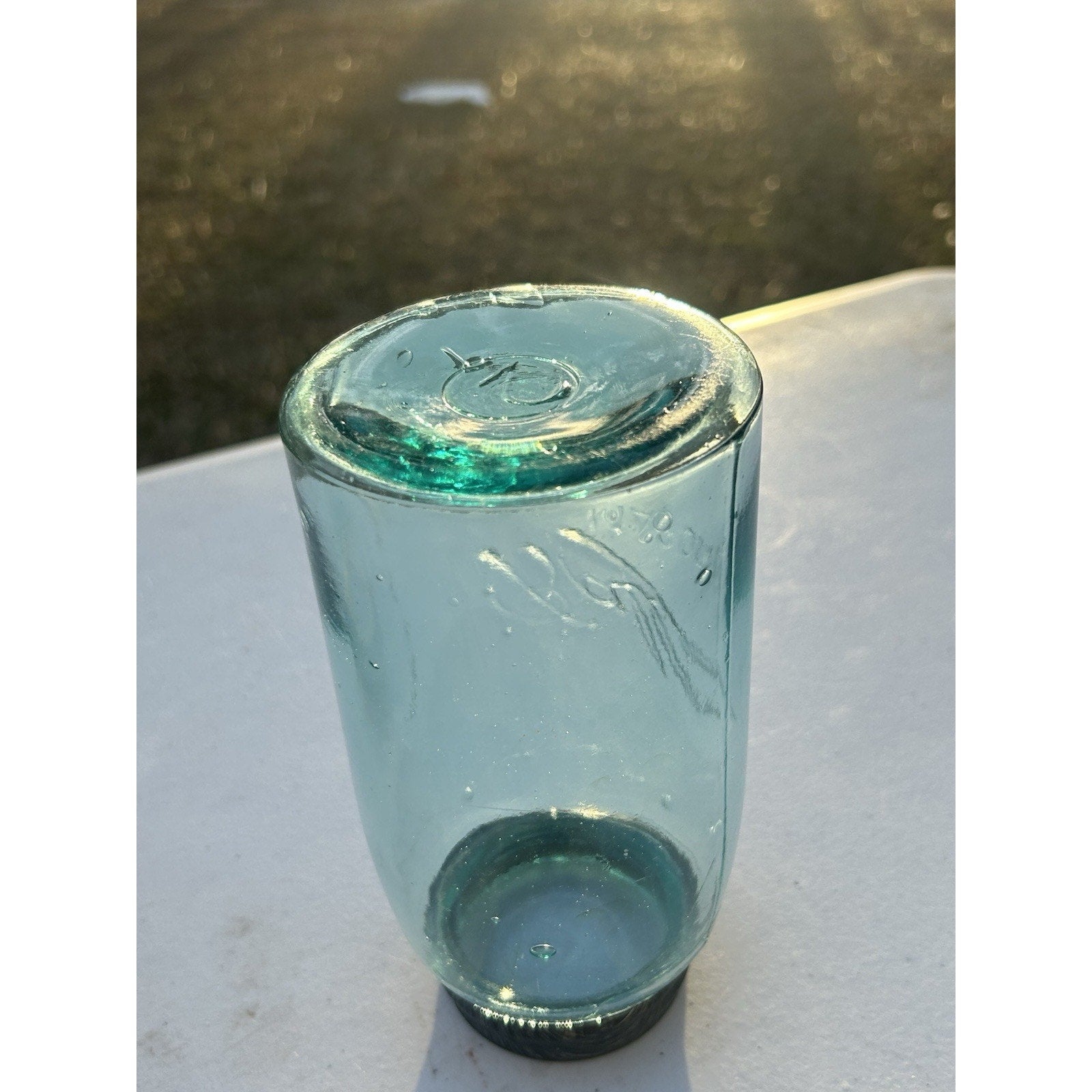 1900-1910 Ball Triple-L mason jar scale reference — quart size aqua blue, farmhouse collectible display