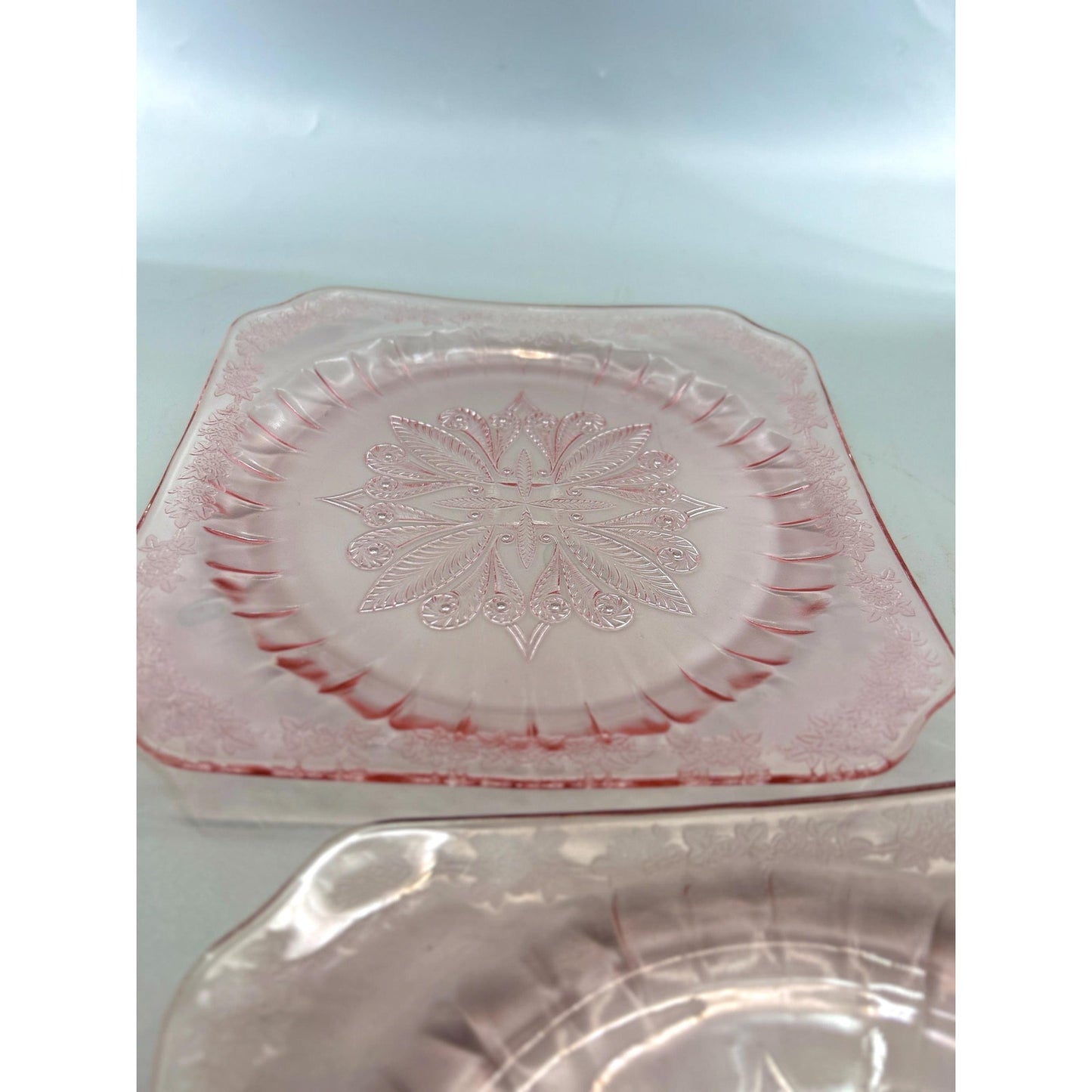 Vintage Pink Depression Glass Plates Set of 2 Etched Floral Square Luncheon Salad Plates Art Deco Glassware