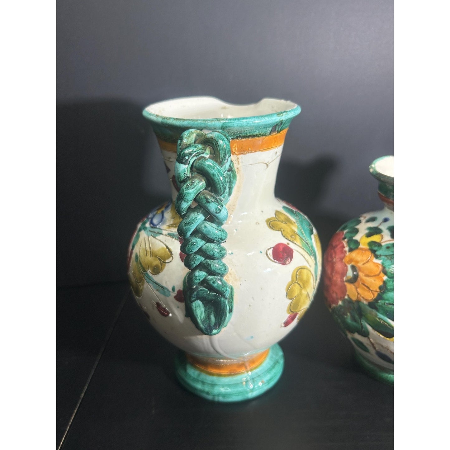 Pair of Hand Painted Majolica Pitchers | Braided Handle Floral Pottery Set | Spanish Rustic Ceramic Jugs | Tuscan Mediterranean Home Decor