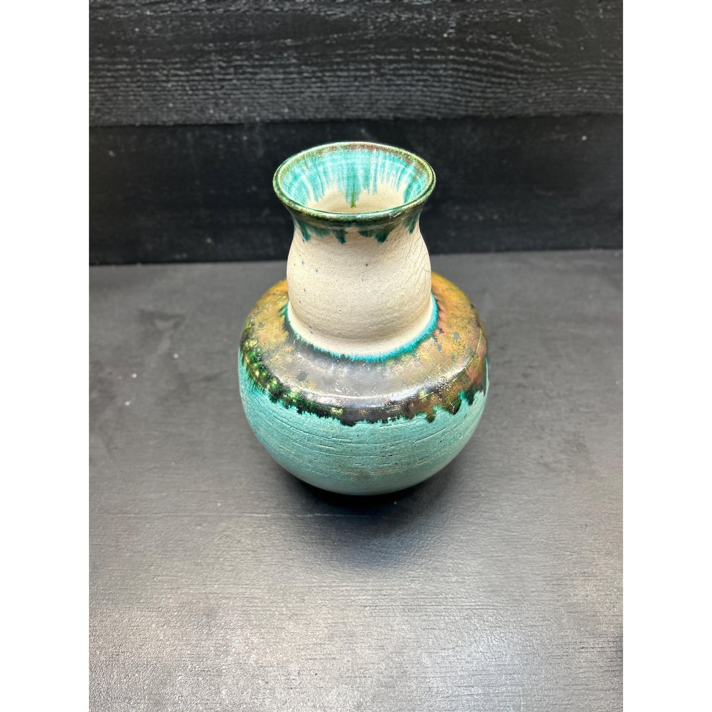 Ernest E. Mitchell Studio Pottery Vase 1994 • Signed Hand Thrown Ceramic • Turquoise Green Drip Glaze • Art Pottery Home Decor. Folk Art