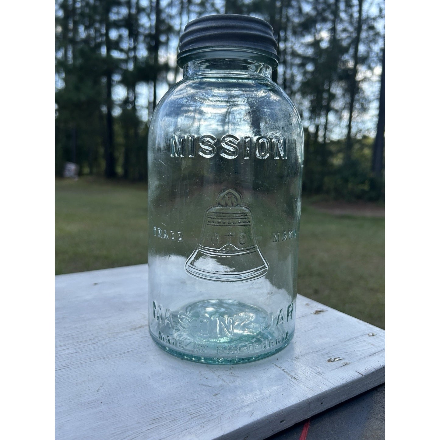 Rare Half Gallon Mission Bell Mason Jar Aqua WJ Latchford Los Angeles CA Antique