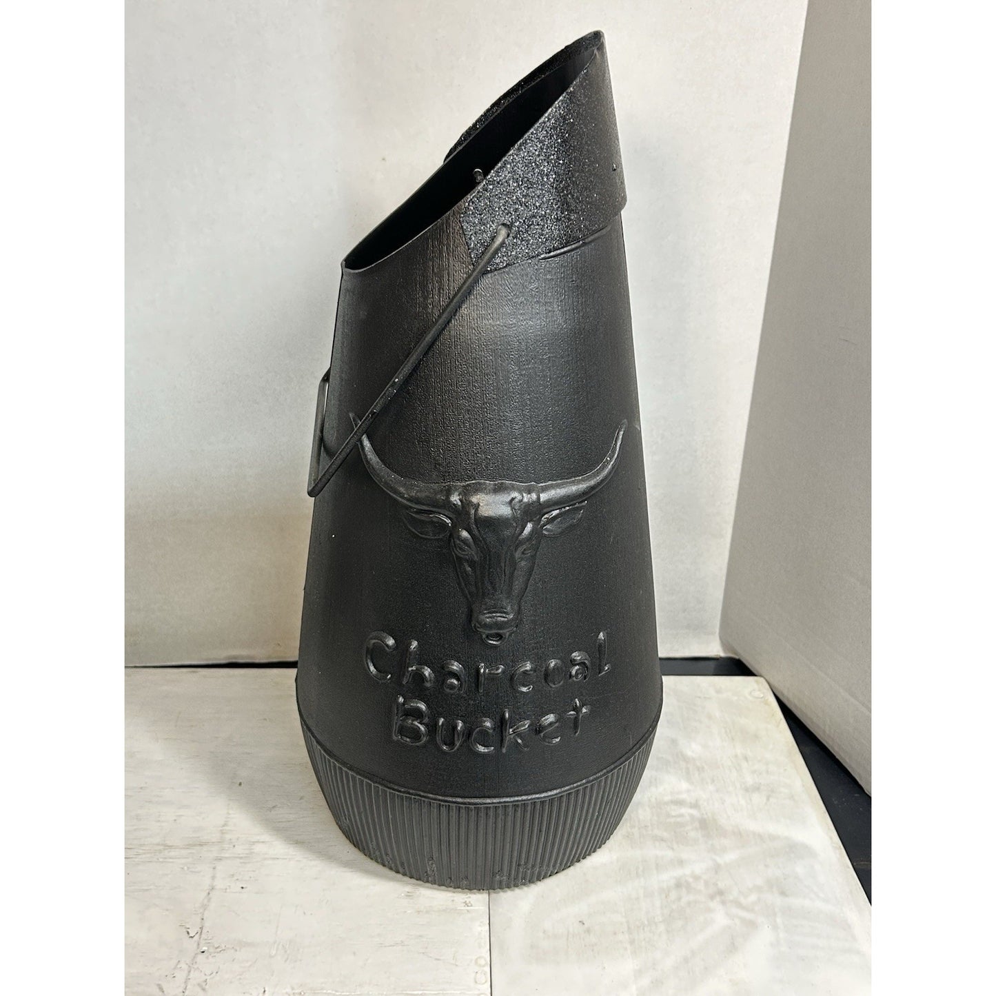 Vintage MCM Longhorn Steer Charcoal Bucket — Black Plastic — Cleaned & Refreshed — Western Decor