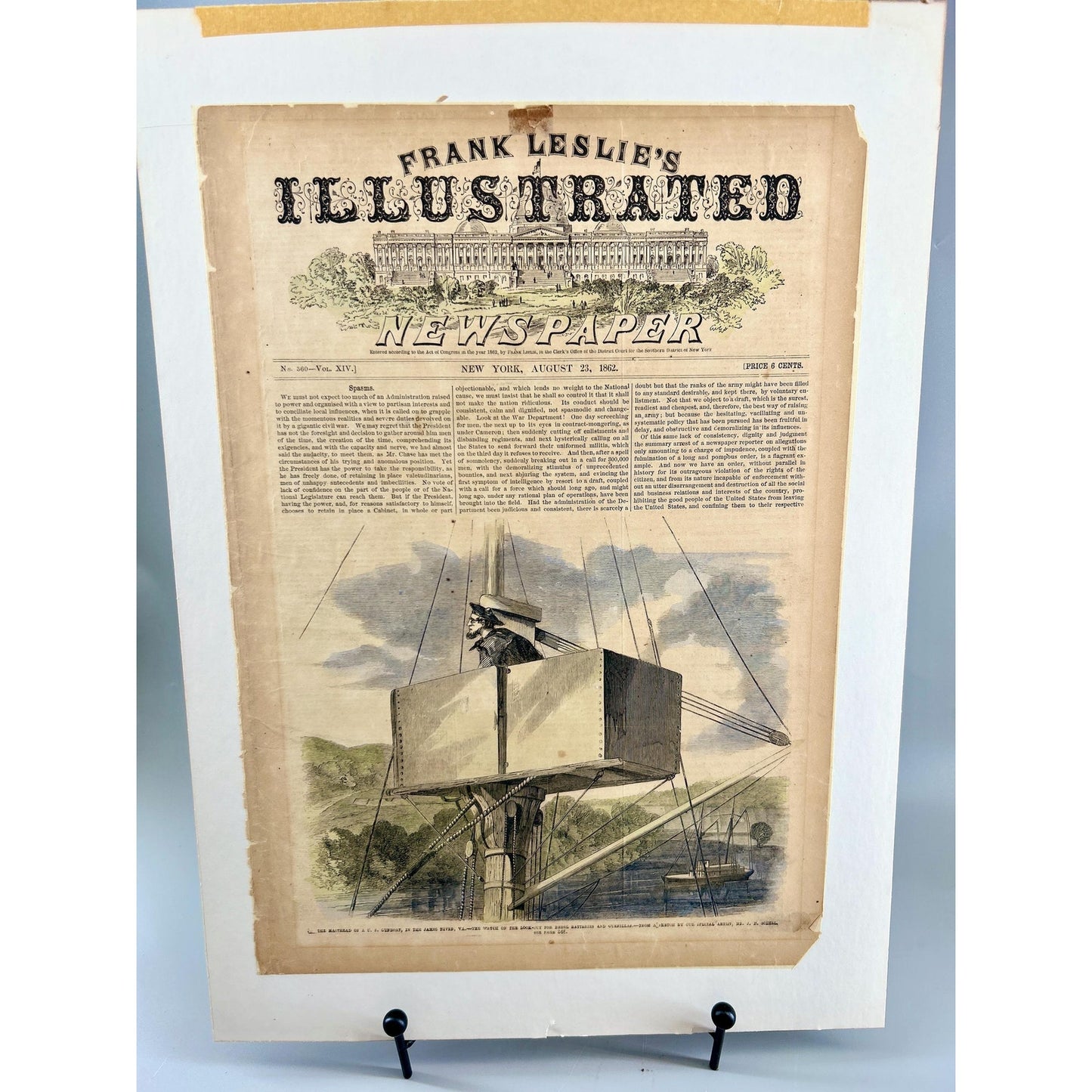 Antique Rare Civil War Newspaper 1862 Frank Leslie Illustrated Naval Masthead Lookout James River Union Warship Antique Print