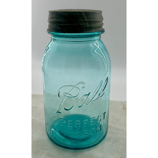 Antique Ball Perfect Mason quart jar mold 13 aqua blue front view