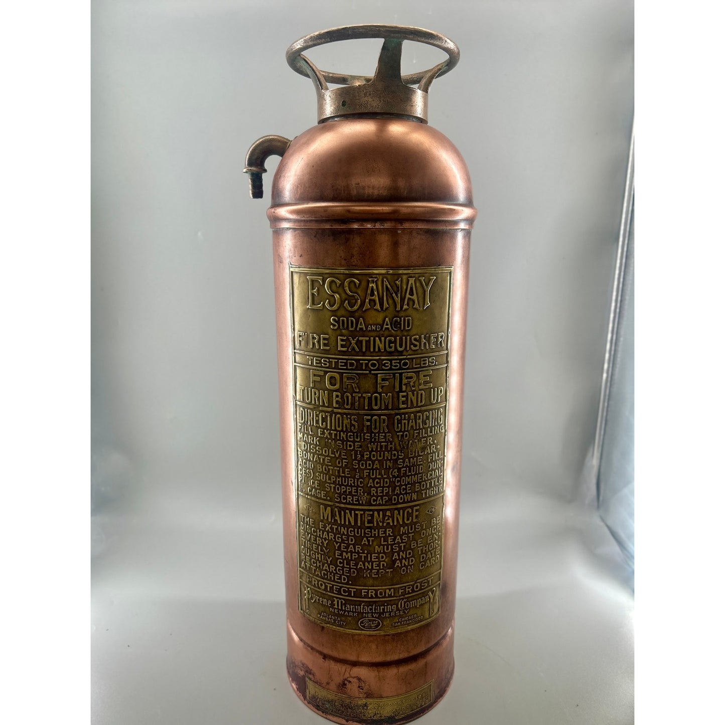 Antique ESSANAY Soda-Acid Fire Extinguisher c.1910s – Solid Copper & Brass – Complete Original Components – Collector Grade. Industrial