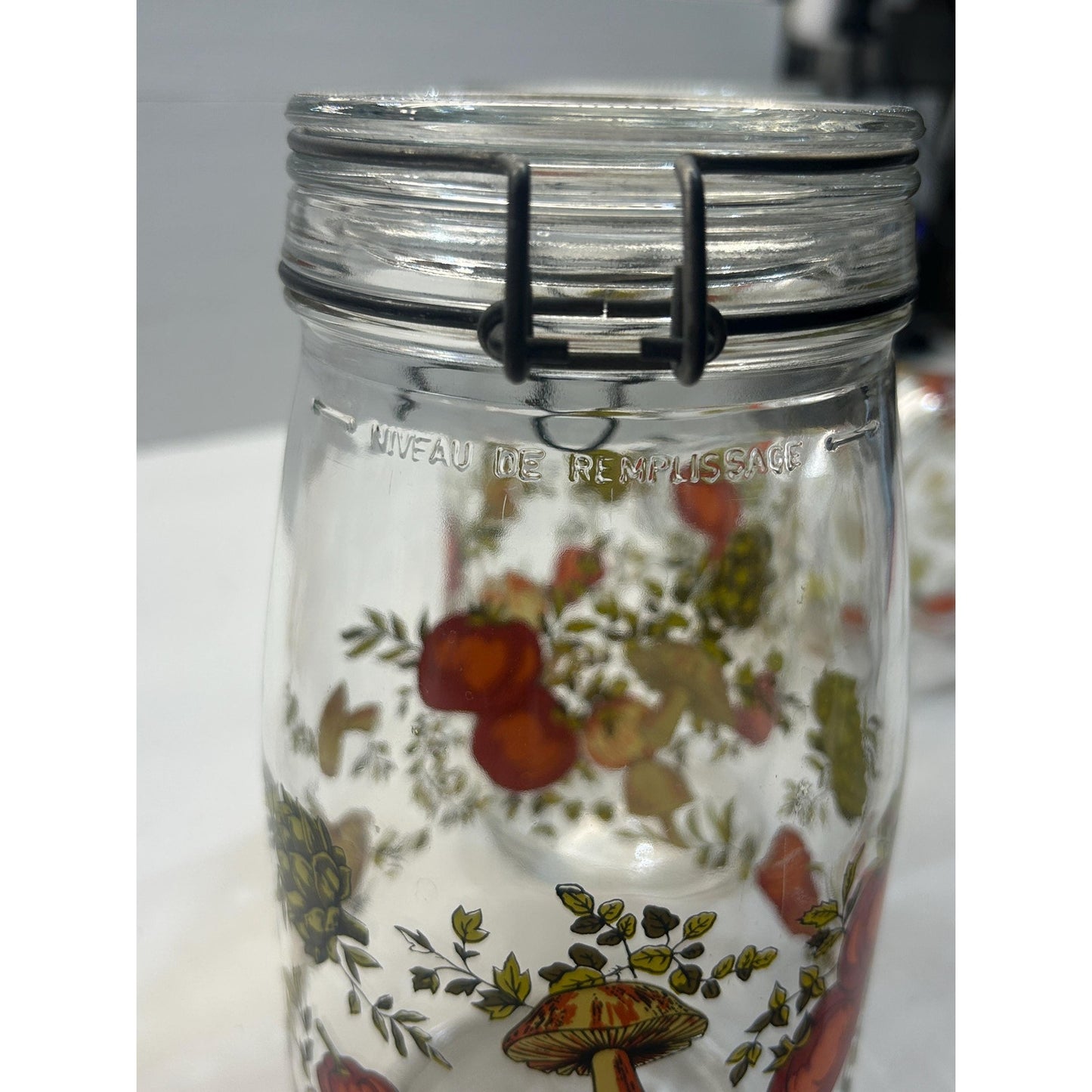 Vintage French Glass Canister Set with Wire Bail Lids, 1970s Mushroom Vegetable Print Kitchen Jars, Made in France, Farmhouse Pantry Storage
