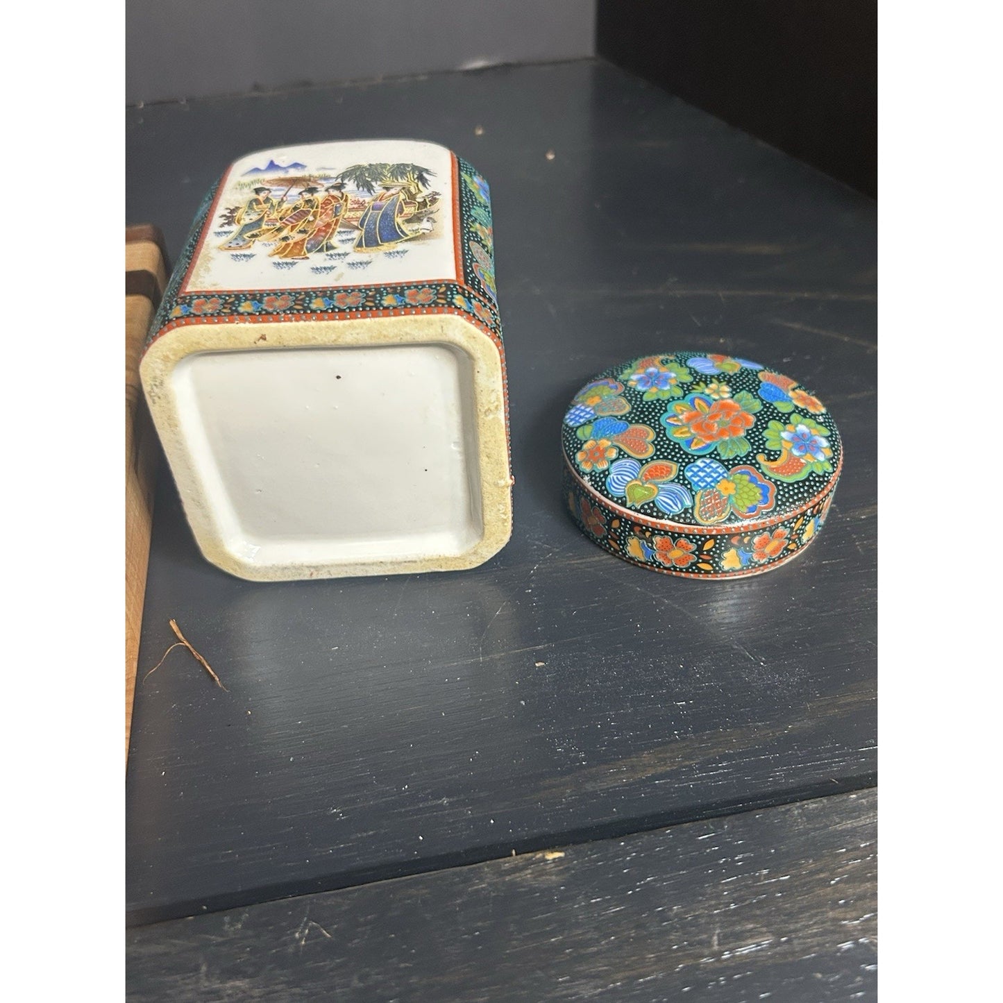 Antique Chinese Canton Enamel Tea Caddy & Trinket Box — Floral Scenes — Hand-Painted