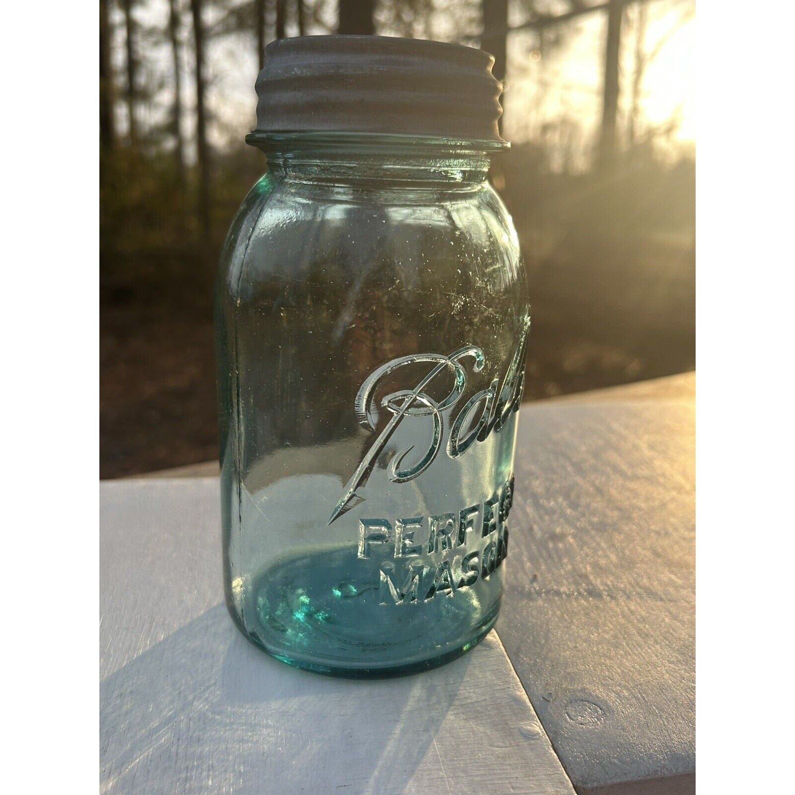Antique Ball Perfect Mason blue jar 1920s back view