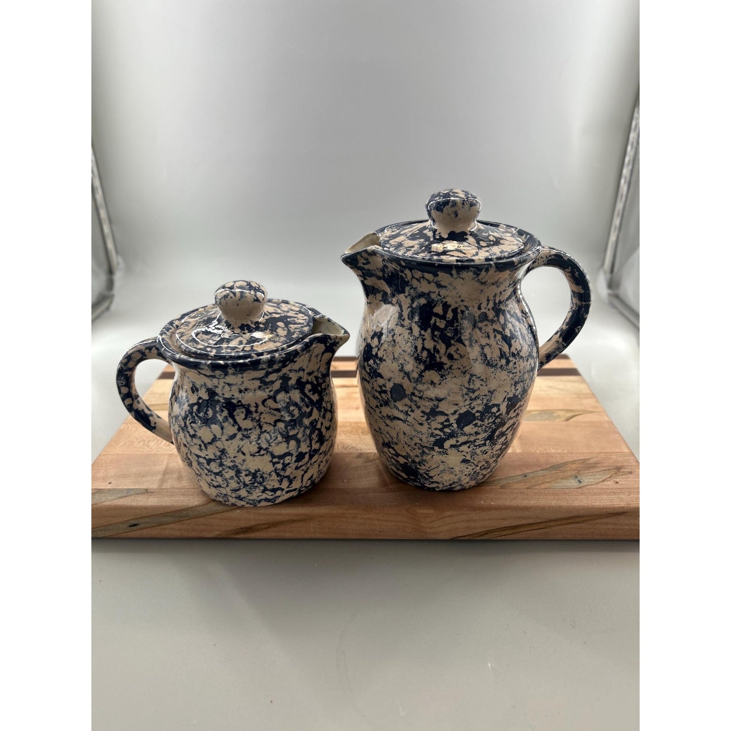 Vintage Blue Spongeware Stoneware Pitcher & Creamer Set with Lids — Cobalt Farmhouse Kitchen Decor