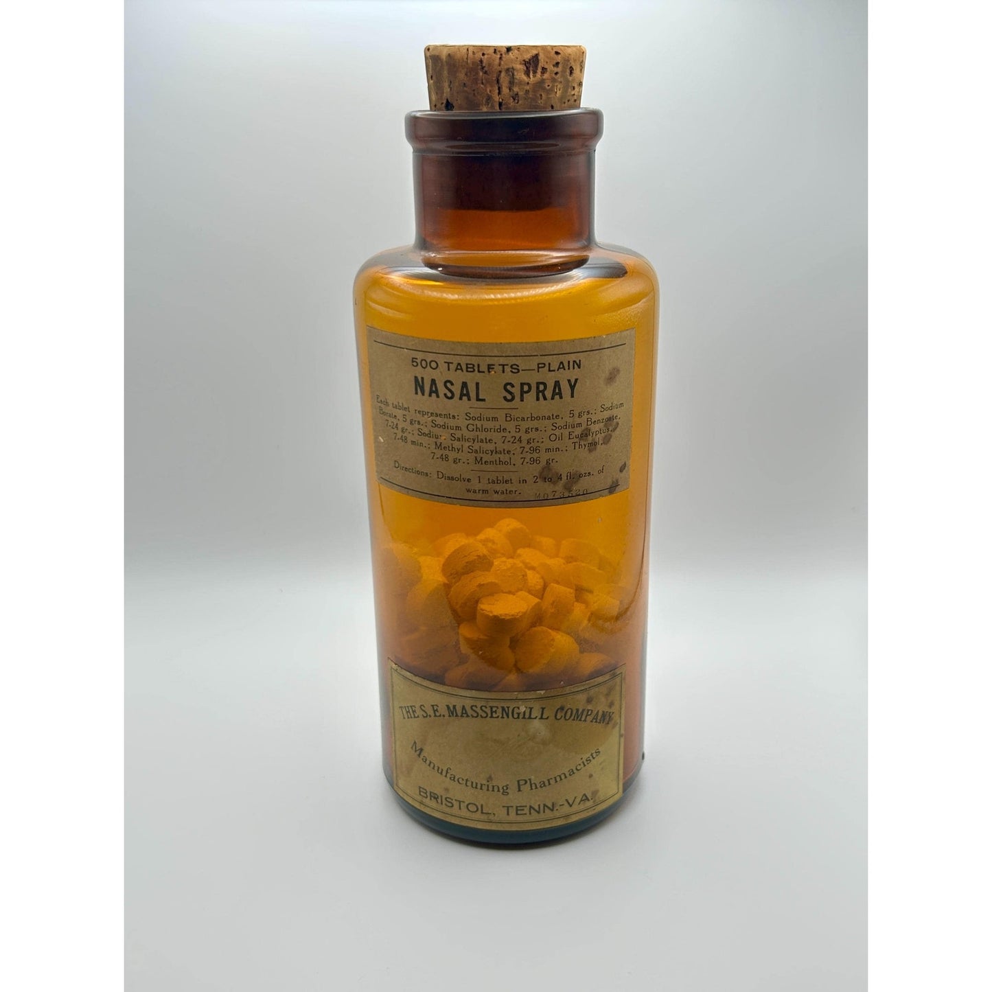 Antique Calcium Sulphide Medicine Bottle w/ Tablets & Cork, Amber