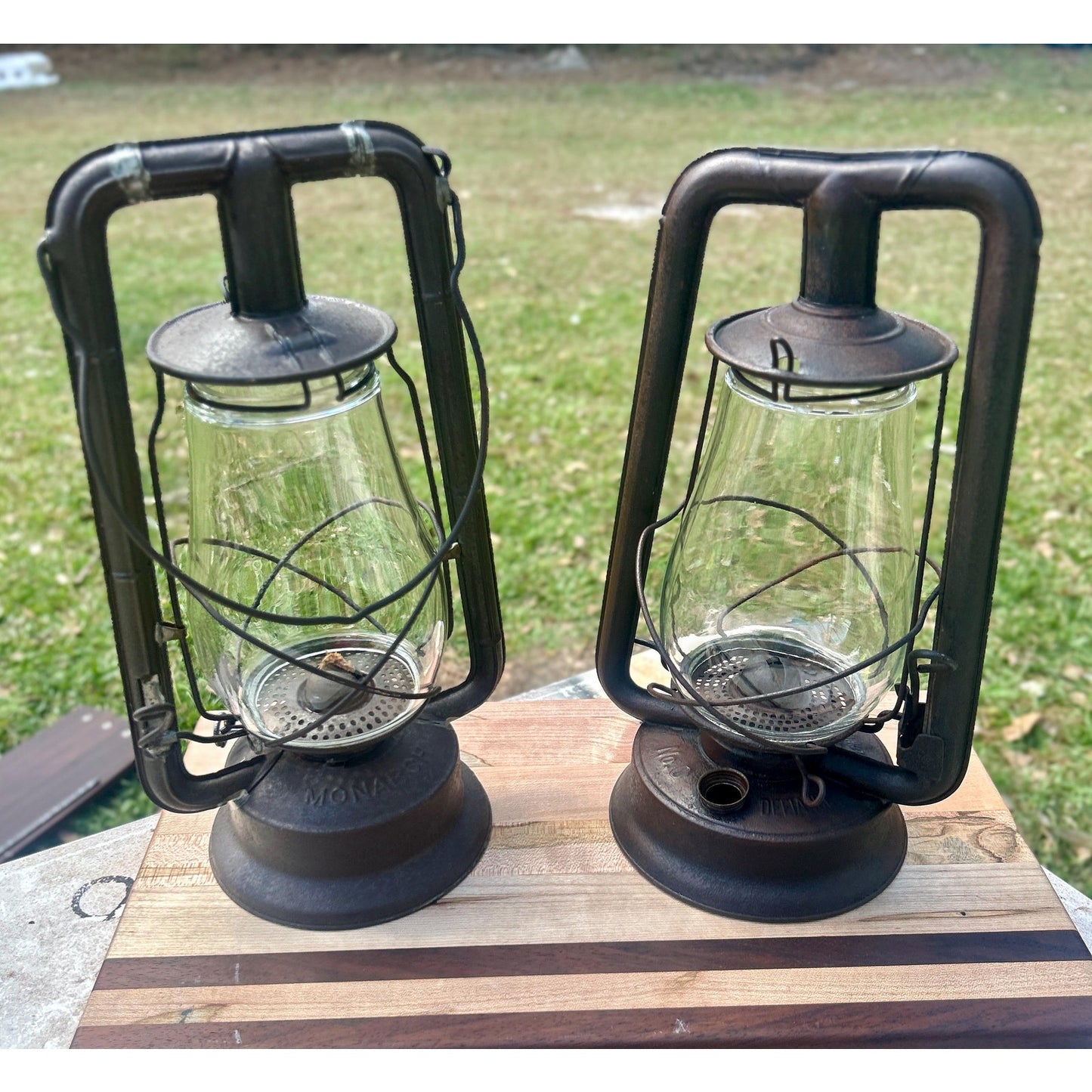 Antique Railroad Oil Lantern Pair Dietz & Monarch Tubular Lanterns Museum Conserved Patina Industrial Farmhouse Lighting Primitive Railroad