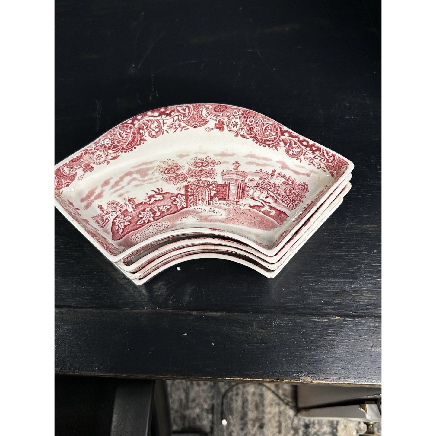 Antique M.R. Midwinter England Lazy Susan Side Dishes — Set of 4 — Red Landscape — 1910