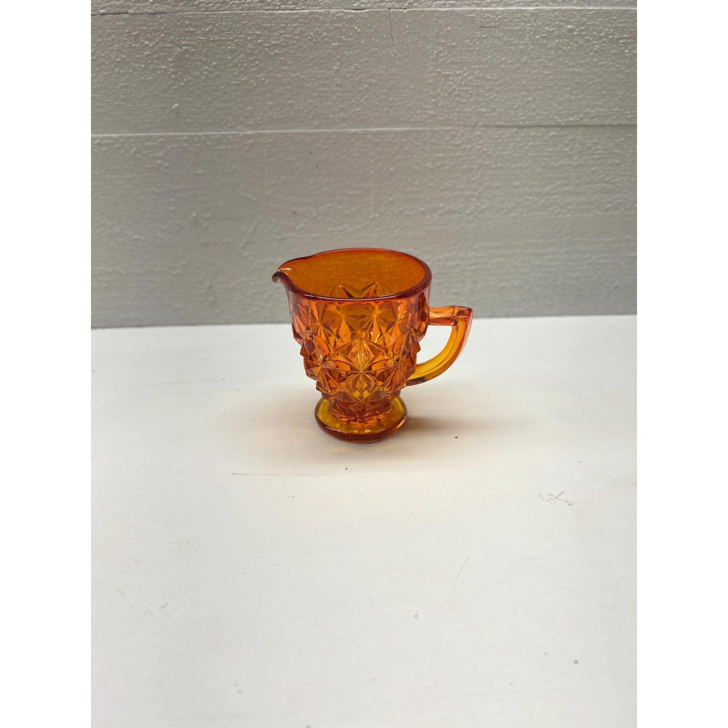 Selenium Diamond Point Glass Creamer | Glows Under UV | Vintage Red Orange Mini Pitcher | Mid Century Art Glass | Uranium Reactive. Amberina
