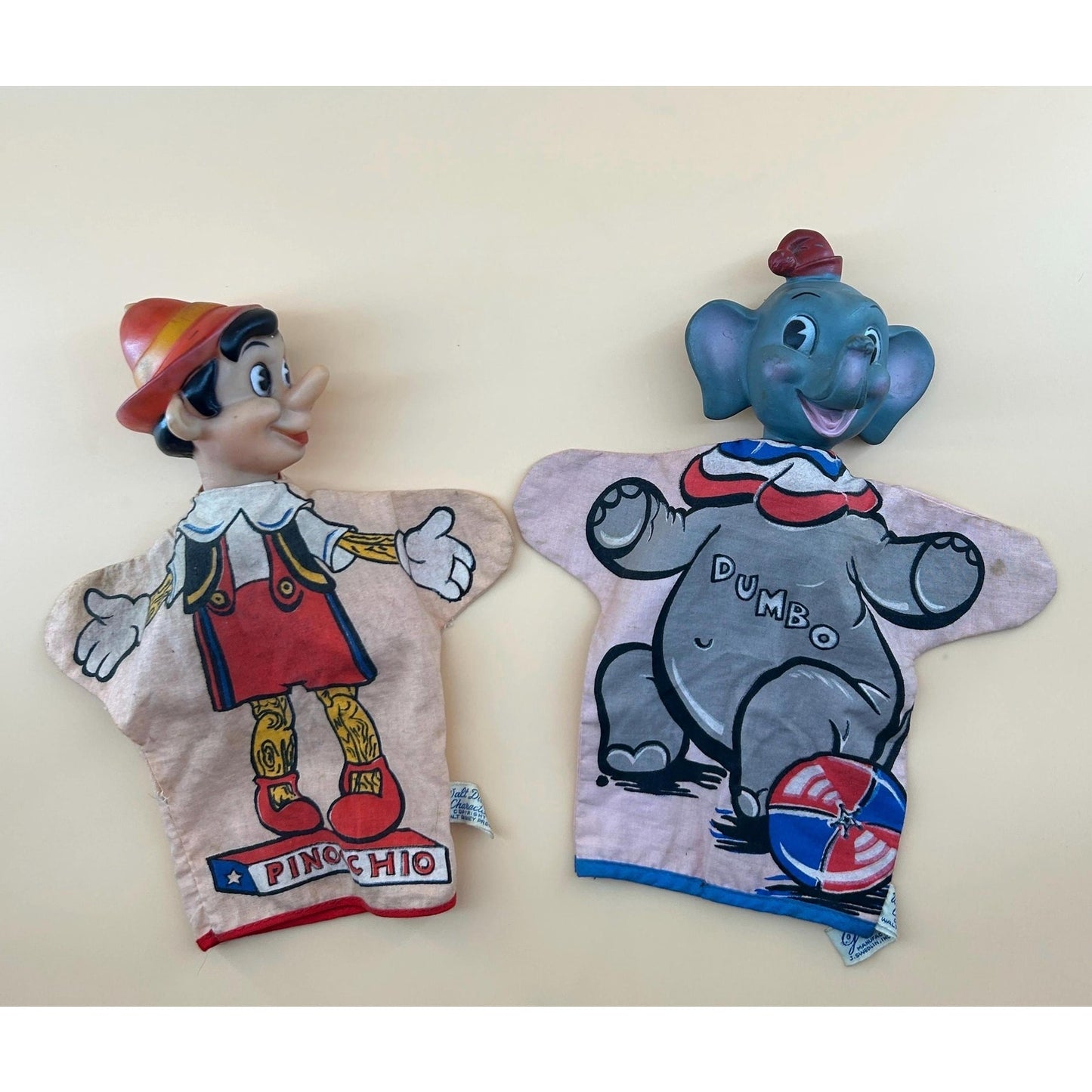 Vintage Disney Pinocchio & Dumbo Hand Puppets Set Vinyl Head Walt Disney Productions Toy 1960s Mid Century Character Disneyana Collectible