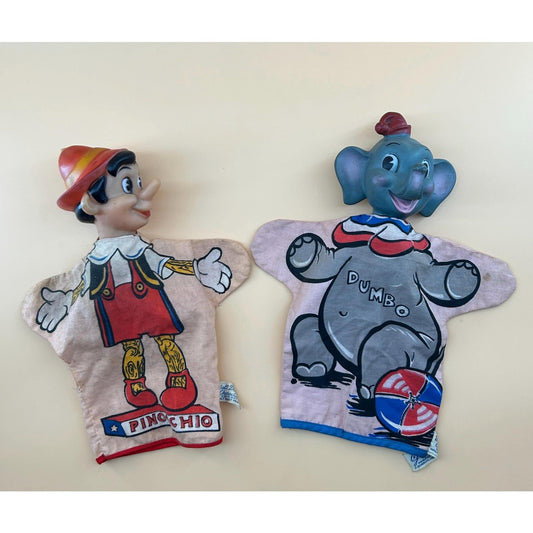 Vintage Disney Pinocchio & Dumbo Hand Puppets Set Vinyl Head Walt Disney Productions Toy 1960s Mid Century Character Disneyana Collectible
